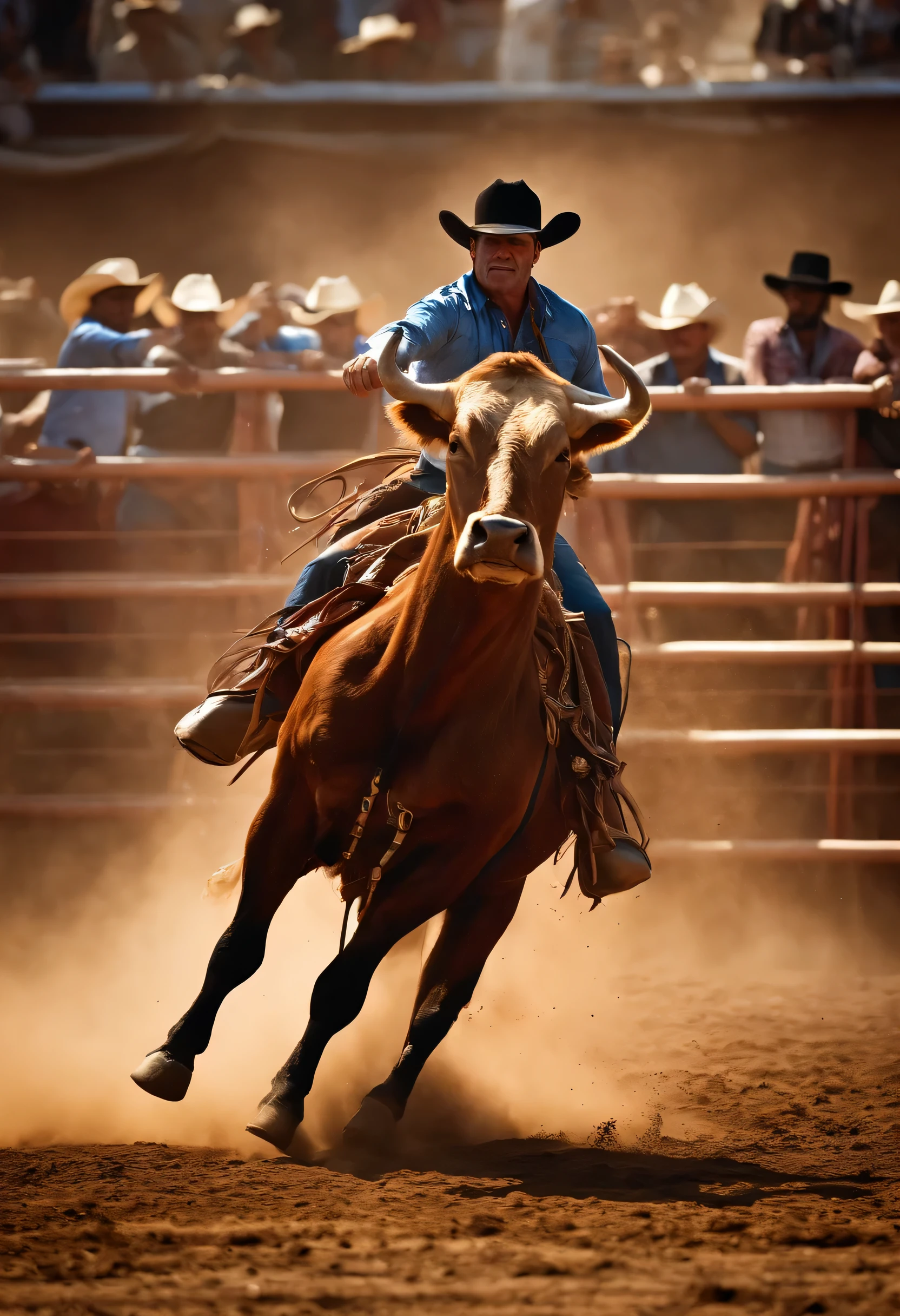 Depict the image of a single brave cowboy in a world where he challenges a black rodeo bull, com grandes chifresfurioso em uma arena empoeirada. Sob o sol poente, the cowboy holds on tight while the bull is released, displaying an expression of determination and enthusiasm. The crowd applauds, criando uma atmosfera eletricamente carregada. The dance between the cowboy and the bull unfolds with dust in the air, highlighting the courage and skill of this intrepid participant.