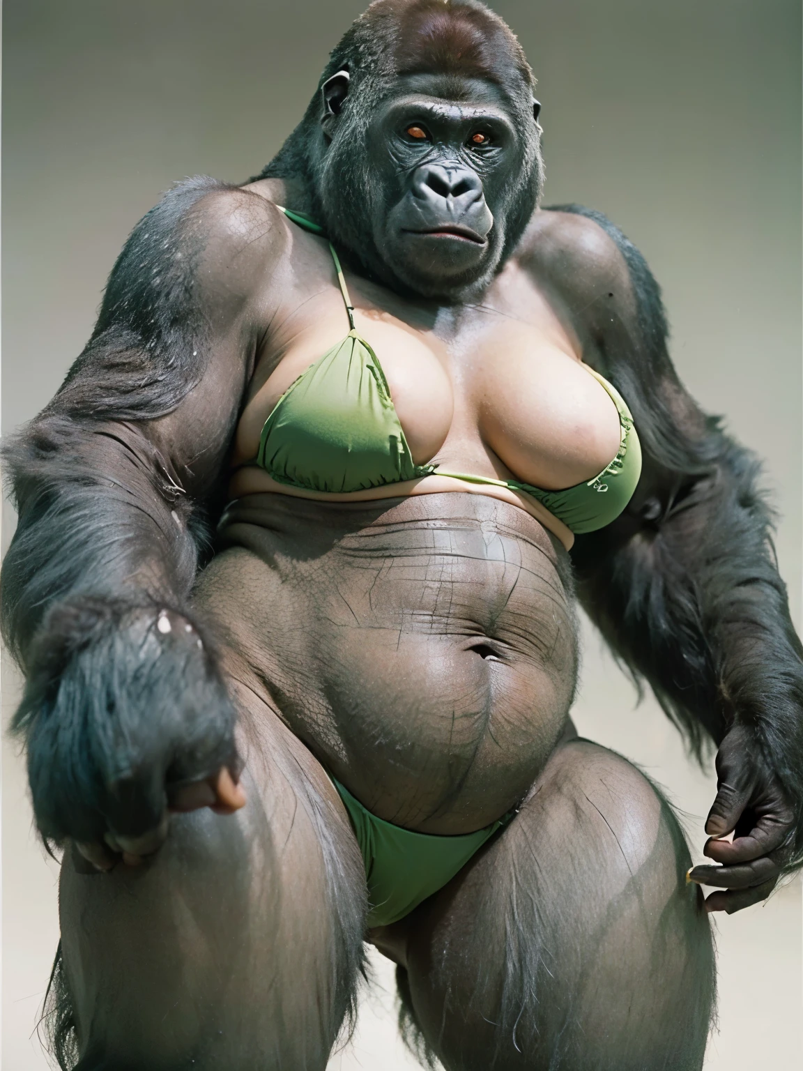 ((female gorilla)), ((mega breasts)),((wearing green bikini)) //full body, (breast squeeze:1.3), (chubby:1.2), Photo realistic, High resolution, detailed background, detailed beautiful skin, detailed nose, (solo shot:1.23), (((nice hand, perfect hand))), clear eyes,//in japan