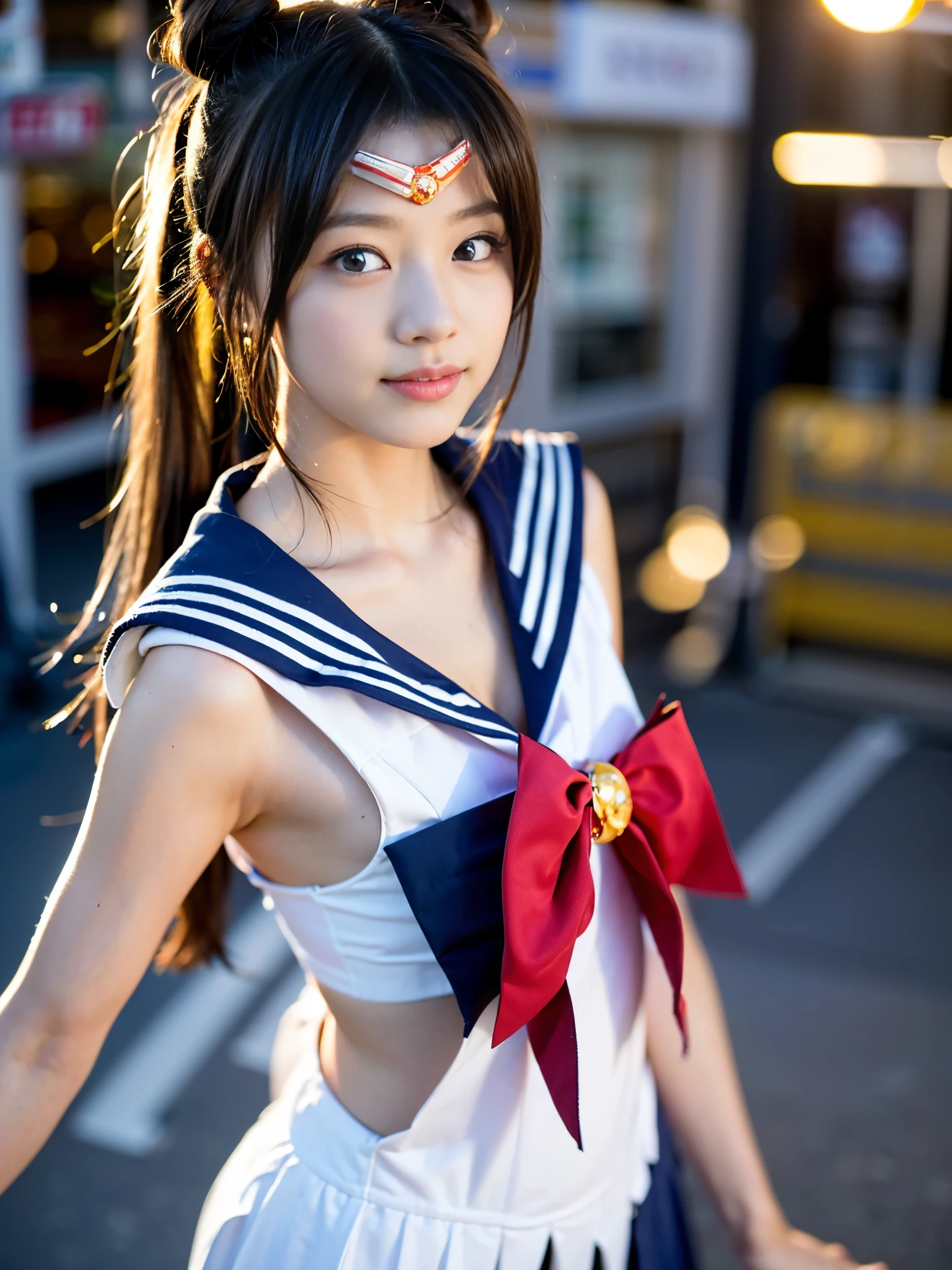 (8k、Raw photography、Highest quality、masterpiece:1.2),(Black Hair、Dark Eyes:1.9),(Sailor Moon Costume:1.6)、View your audience,Front view,White skin,(:1.3)、(Tight waist:1.6)、(Clothes that accentuate the shape of the breasts:1.2)、(Big Breasts :1.5)、Slim figure、Ultra-high resolution,beautiful,beautiful fece,(One person、No background:1.9),whole bodyボディー,Japanese women,(reality的:1.37)、Photon Mapping,reality、(Baby-faced and cute: 1.2)、(Cute Smile: 1.8)、(Round face: 1.8)、Radio City、Physically Based Rendering、Depth of field rally background、photograph, (I can see your knees、Thigh close-up:1.8),(:1.6),whole body、Great quality