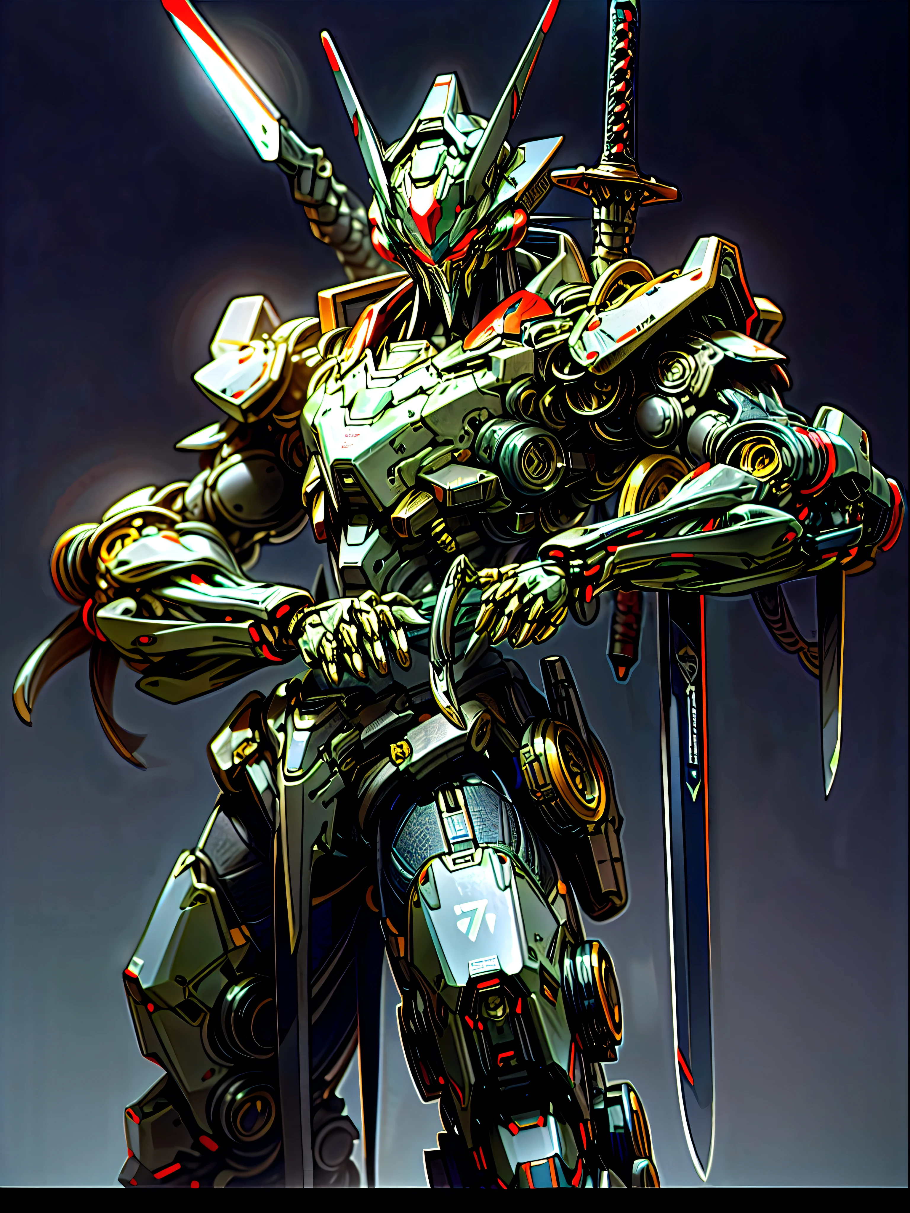 Raw foto,Dark_Fantasy, Cyberpunk, (Big Revolver, Sword Man, Red: 1.1), 1man, Mechanical Wonder, Robotic Presence, Cybernetic Guardian,