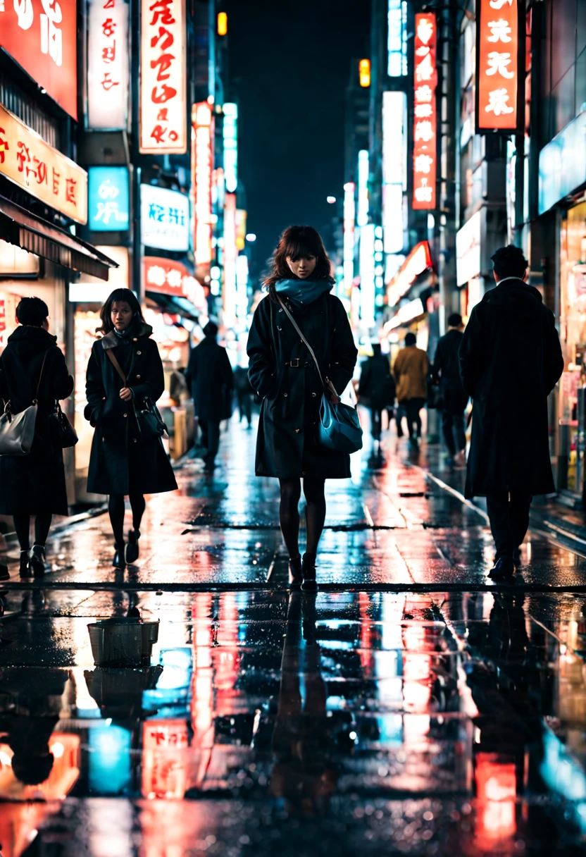 cinematic film still {A film shot of a bustling Tokyo street at night, neon signs glowing vibrantly, crowds of people captured in a freeze-frame of urban life, reflections on wet pavement, realistic atmosphere, shot with a Canon EOS R3, Focal length 35mm} . shallow depth of field, vignette, highly detailed, high budget, bokeh, cinemascope, moody, epic, gorgeous, film grain, grainy