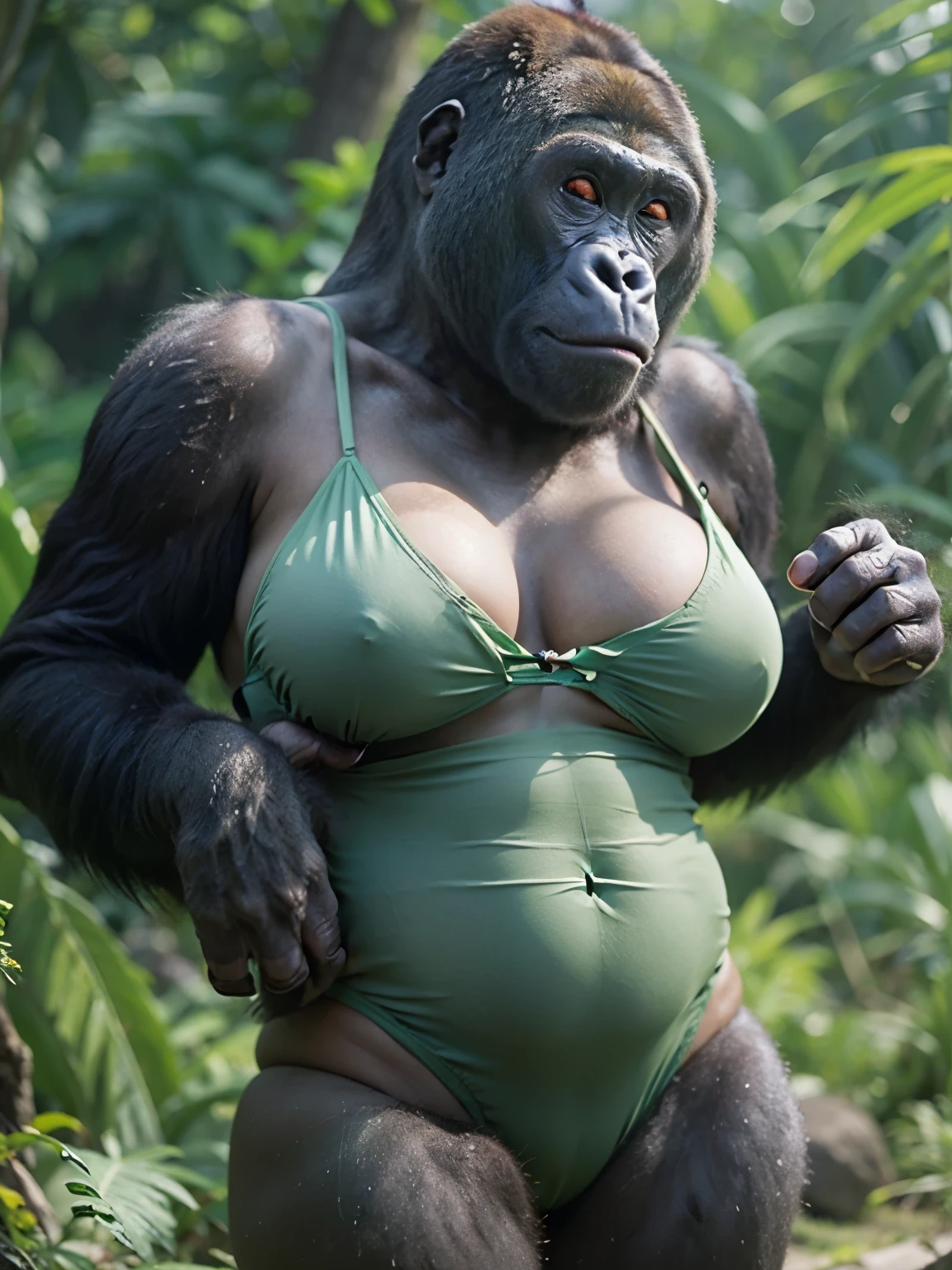 ((female gorilla)), ((mega breasts)),((wearing green bikini)) //full body, (breast squeeze:1.3), (chubby:1.2), Photo realistic, High resolution, detailed background, detailed beautiful skin, detailed nose, (solo shot:1.23), (((nice hand, perfect hand))), clear eyes,//in japan