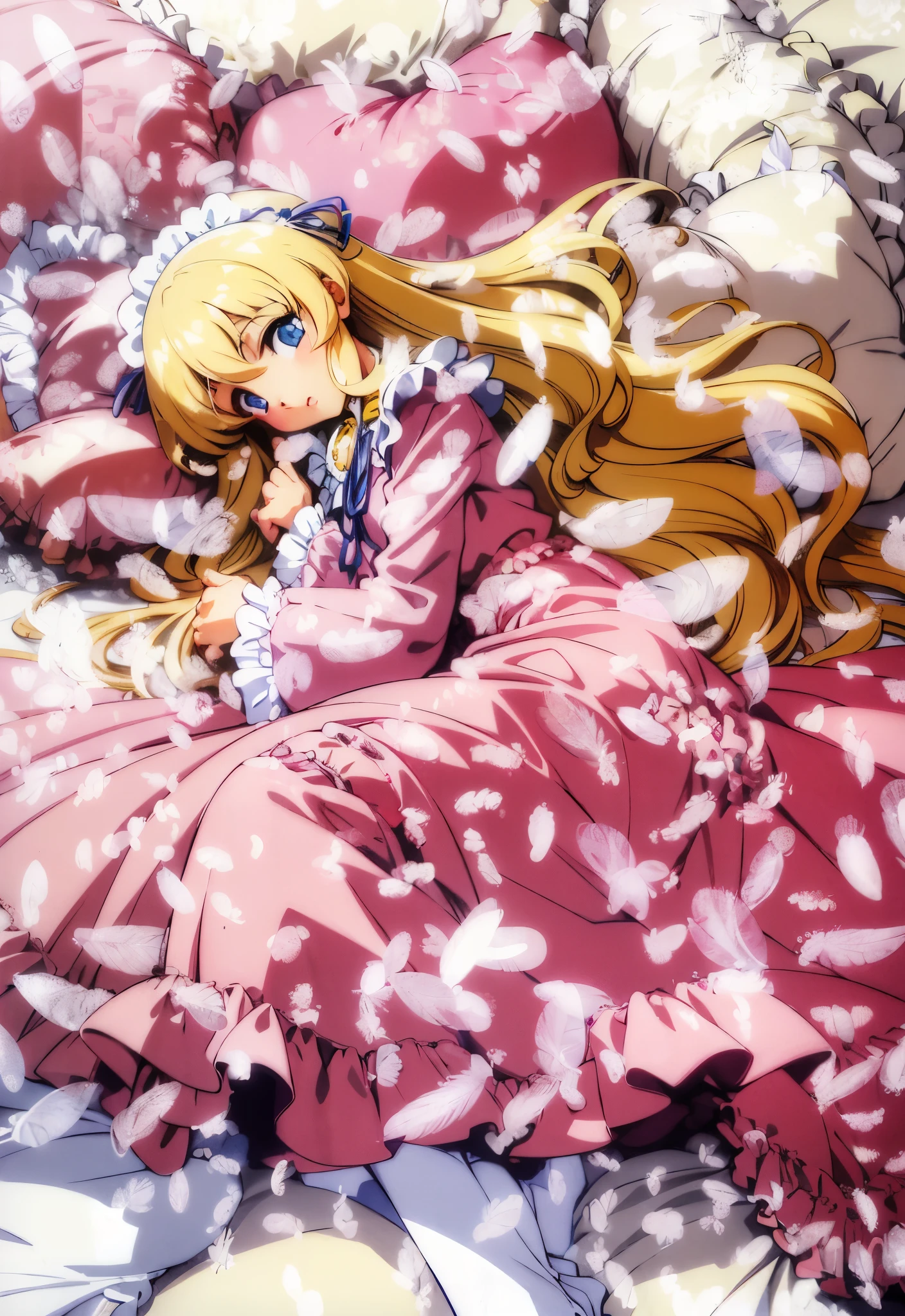 ,highest quality, masterpiece, highest resolution, artwork, super それにget used to it, many get used to it, get used to it, それにget used to it, 3K anime illustration,(( old girl)),Super detailed baby face,high quality small face,long blonde hair that grows to the waist,blue eyes,白い肌のeuropean,pajamas, european,(((super long blonde hair))),curly hair,blue eyes,((((ピンクのロリータファッションのlong skirtのワンピースドレス)))),((Pink dress with lots of frills and ribbons)),((Luxurious headdress with frills and ribbons)),detailed headdress,,(((big yoke collar))),Yoke collar with ruffles and ribbons,((((long sleeve)))),ruffle sleeves,((((long skirt)))),white ruffle and lace socks,large frill and ribbon pillow,detailed costume,many frilly pillows on the bed,super detailed background,detailed bed,romantic atmosphere,soft ruffle pillow,Beautiful girl illustration,detailed beautiful face detailed hair,detailed human eye ,detailed mouth, arm details,fine hands,detailed soft pillow,wide bed,Illustration on the bed,The girl is resting on a pile of soft pillows,surrounded by many pillows,Many small white feathers dance,fine white feathers,