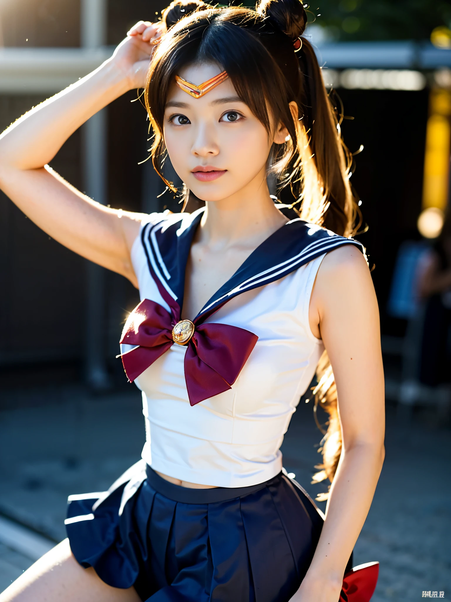 hight resolution、high-level image quality、in 8K、Real live-action、Raw photography、top-quality、masterpiece、超A high resolution、Raw photo、ren、Beautiful fece、masutepiece、((Obscene content))、For adults、charm of 、absurderes、((((Japanese super fashion model)))、((Slender face:1.2))、Cute little face、((Glowing face))、((((An incident that made my cheeks turn red、Puff out cheeks)))))、((thin body shape:1.5))、((lean body:1.5))、(((height 180cm:1.3、tall)))Smaller chest、kne、 Narrow thighs、report、fullllbody、Very nice、((Sailor Moon Costumes:1.5))、 Lifting Pleated Mini Skirt、((Pubic area))、Pubic area、(Mansuji)、White panty、Dancing:1.5、(Photorealsitic:1.37)、Photon mapping、Realistic、Radio City、Physically Based Rendering、depth of field rally background、a picture、(((a junior idol in Japan)))、Sparkling eyes、shiny lip、too bright natural light、The Bright Sun、Too bright sunlight、Looking at the camera、((blond))、((2 hair buns:1.5))、((very long straight twintail hairstyle:1.5))、(((Fulll body Shot:1.5)))、((kne))、((during daytime))、((Sunshine:1.5))