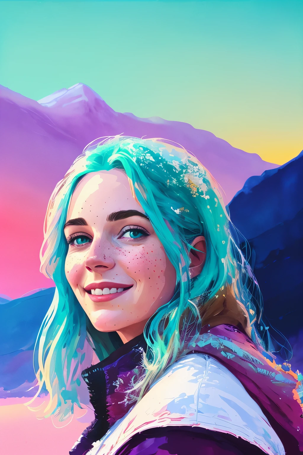 portrait of beautiful smiling woman with some freckles, snow-covered mountain landscape background by ilya kuvshinov and annie leibowitz. synthwave watercolor painting on canvas trending in artstation dramatic lighting abstract expressionism pastel shades tones (hd) golden ratio details aesthetic octane render excellent composition natural textures 8k oil paining masterpiece canon eos r4s 50