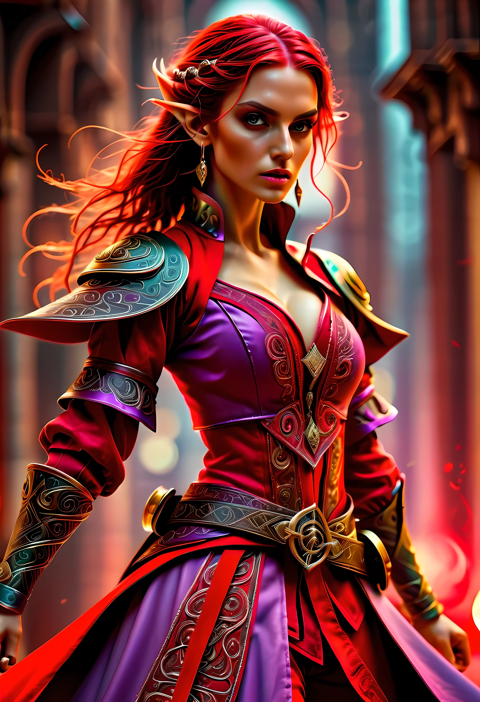 a picture of a female elf (intense details, Masterpiece, best quality: 1.5) fantasy swashbuckler, fantasy fencer, armed with a slim sword, shinning sword, metallic shine, colorful clothes, dynamic clothing, an ultra wide shot, full body (intense details, Masterpiece, best quality: 1.5)epic beautiful female elf (intense details, Masterpiece, best quality: 1.5), rich hair, braided hair, small pointed ears, GlowingRunesAI_red  [colorful magical sigils in the air],[ colorful arcane markings floating] (intricate details, Masterpiece, best quality: 1.6), holding a [sword] (intricate details, Masterpiece, best quality: 1.6) holding a [sword glowing in red light]fantasy urban street (intense details, Masterpiece, best quality: 1.5),  purple cloak, long cloak (intense details, Masterpiece, best quality: 1.5), sense of daring, sense of adventure,  high details, best quality, 8k, [ultra detailed], masterpiece, best quality, (extremely detailed), dynamic angle, ultra wide shot, photorealistic, RAW, fantasy art, dnd art,fantasy art, realistic art,