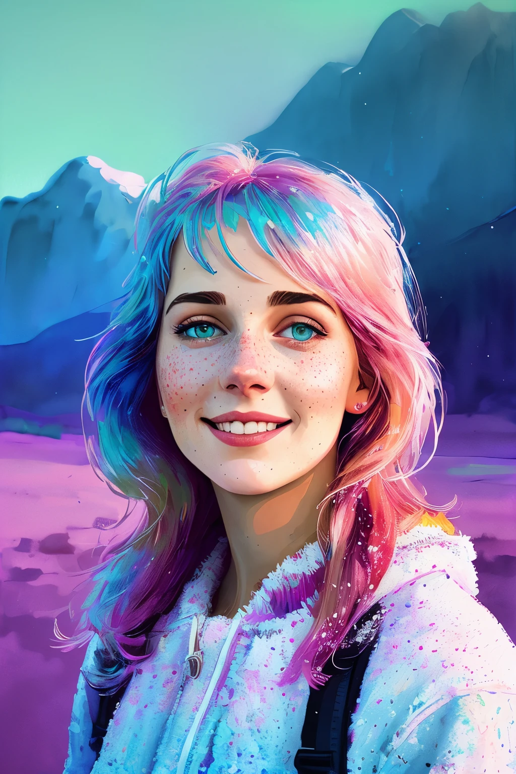 portrait of beautiful smiling woman with some freckles, snow-covered mountain landscape background by ilya kuvshinov and annie leibowitz. synthwave watercolor painting on canvas trending in artstation dramatic lighting abstract expressionism pastel shades tones (hd) golden ratio details aesthetic octane render excellent composition natural textures 8k oil paining masterpiece canon eos r4s 50