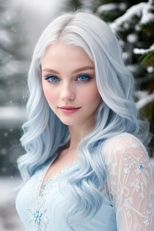 young white haired blue-eyed girl in her early twenties, donning a pristine blue dress, captivates the viewer with her ethereal beauty in this snowy make-up portrait. Her skin glows with intricate details under the soft, natural light, mimicking the powdery snowflakes that surround her. The delicate blue fabric of her dress contrasts strikingly against the pristine snowy backdrop. Her eyes, as blue as the dress she wears, sparkle brilliantly under the gentle illumination, reflecting the wintry scene before her. The fine details of her hairstyle, cascading in soft white waves, catch the light, adding an element of