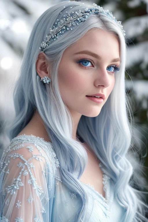 young white haired blue-eyed girl in her early twenties, donning a pristine blue dress, captivates the viewer with her ethereal beauty in this snowy make-up portrait. Her skin glows with intricate details under the soft, natural light, mimicking the powdery snowflakes that surround her. The delicate blue fabric of her dress contrasts strikingly against the pristine snowy backdrop. Her eyes, as blue as the dress she wears, sparkle brilliantly under the gentle illumination, reflecting the wintry scene before her. The fine details of her hairstyle, cascading in soft white waves, catch the light, adding an element of