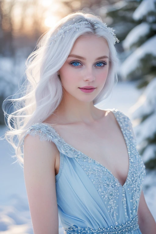 young white haired blue-eyed girl in her early twenties, donning a pristine blue dress, captivates the viewer with her ethereal beauty in this snowy make-up portrait. Her skin glows with intricate details under the soft, natural light, mimicking the powdery snowflakes that surround her. The delicate blue fabric of her dress contrasts strikingly against the pristine snowy backdrop. Her eyes, as blue as the dress she wears, sparkle brilliantly under the gentle illumination, reflecting the wintry scene before her. The fine details of her hairstyle, cascading in soft white waves, catch the light, adding an element of