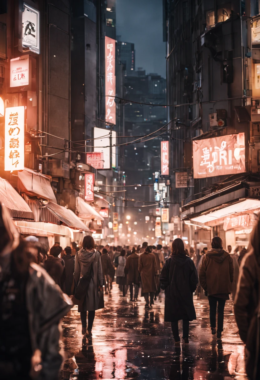 cinematic film still {A film shot of a bustling Tokyo street at night, neon signs glowing vibrantly, crowds of people captured in a freeze-frame of urban life, reflections on wet pavement, realistic atmosphere, shot with a Canon EOS R3, Focal length 35mm} . shallow depth of field, vignette, highly detailed, high budget, bokeh, cinemascope, moody, epic, gorgeous, film grain, grainy