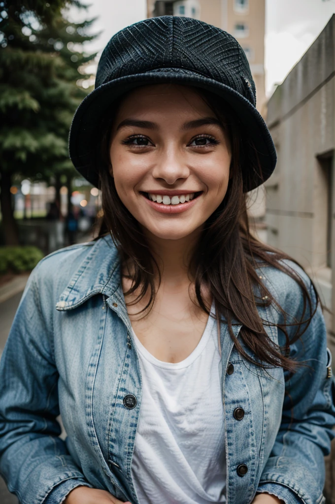 girl wearing a hat and jacket, beautiful and smiling, insane smile, happy, cute expressive face, excited