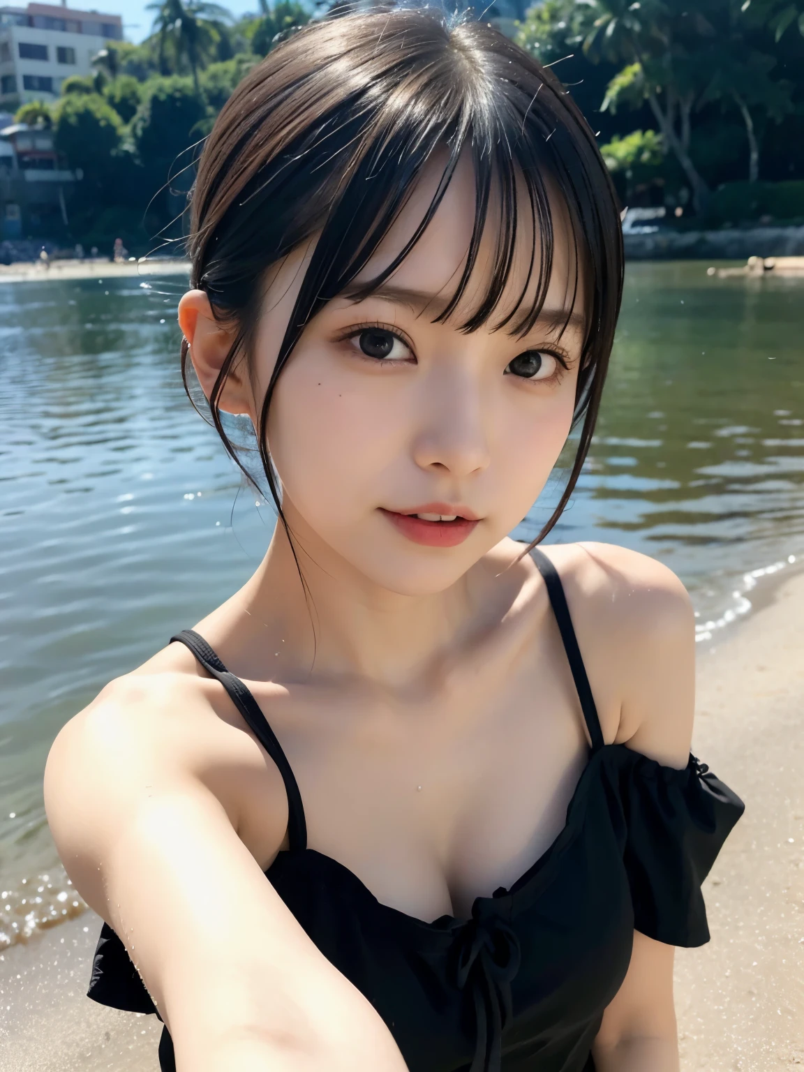 Best quality,raw photo  , 19 years old Japanese female idol, from above ,
selfie,lying on Ground,off-the-shoulder top,Short hair, bowl cut ,cute face  ,edgy,droop ,clavicle,murky water , overflowing  ,wet ,selfie, pale skin,on the beach, rain,night, 