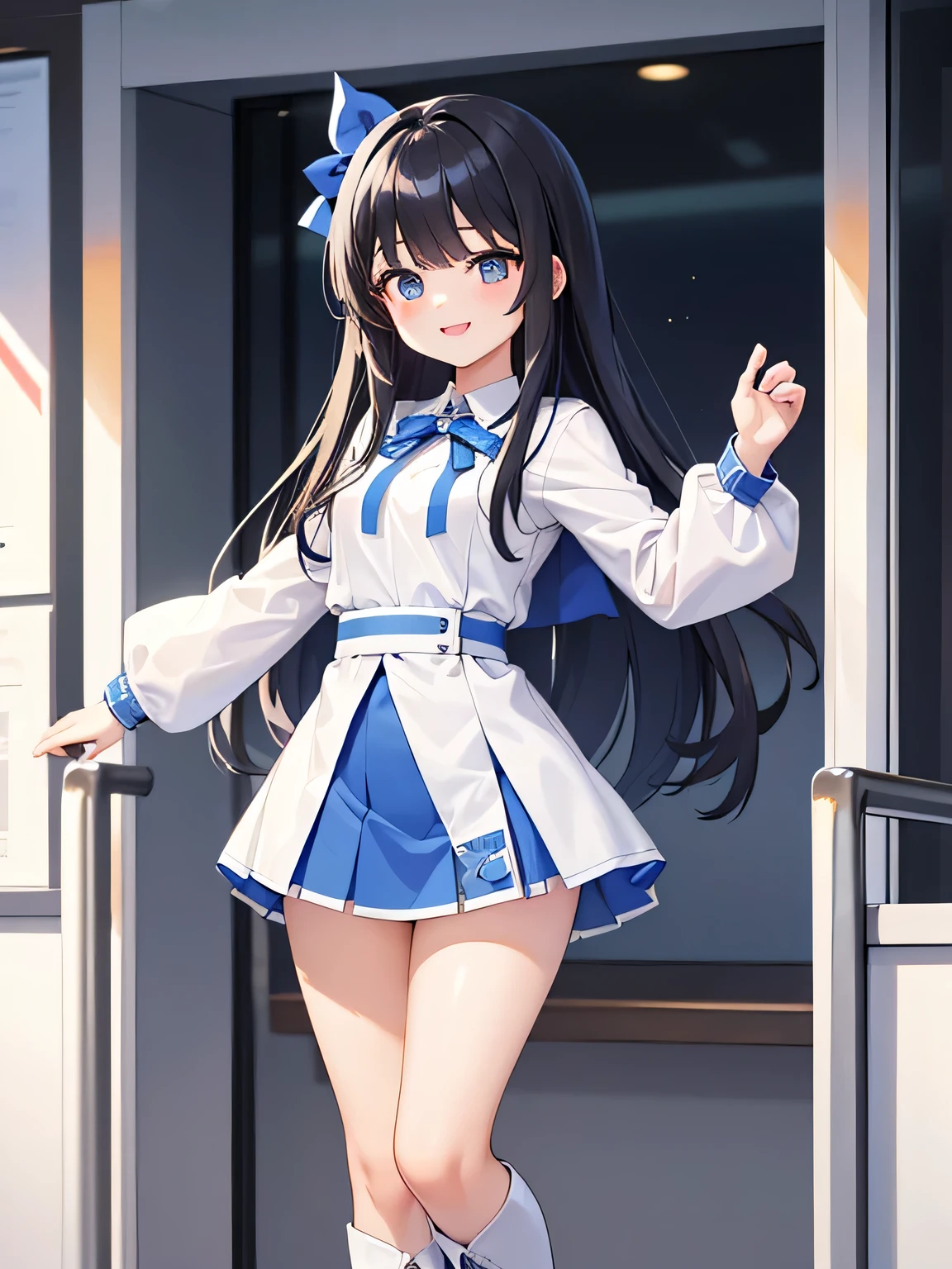 (1) A woman stands in a booth surrounded by pure white partitions on both ends.。. The background is all white cloth. Can this situation be created?? Can't you understand this sentence??
(2) because she is an idol、She is wearing a gorgeous blue outfit with a miniskirt.。. On my feet are long boots.
(3) she is standing with a big smile on her face.
(4) she has long black hair.
(5) She puts her hand out and waits for a handshake..