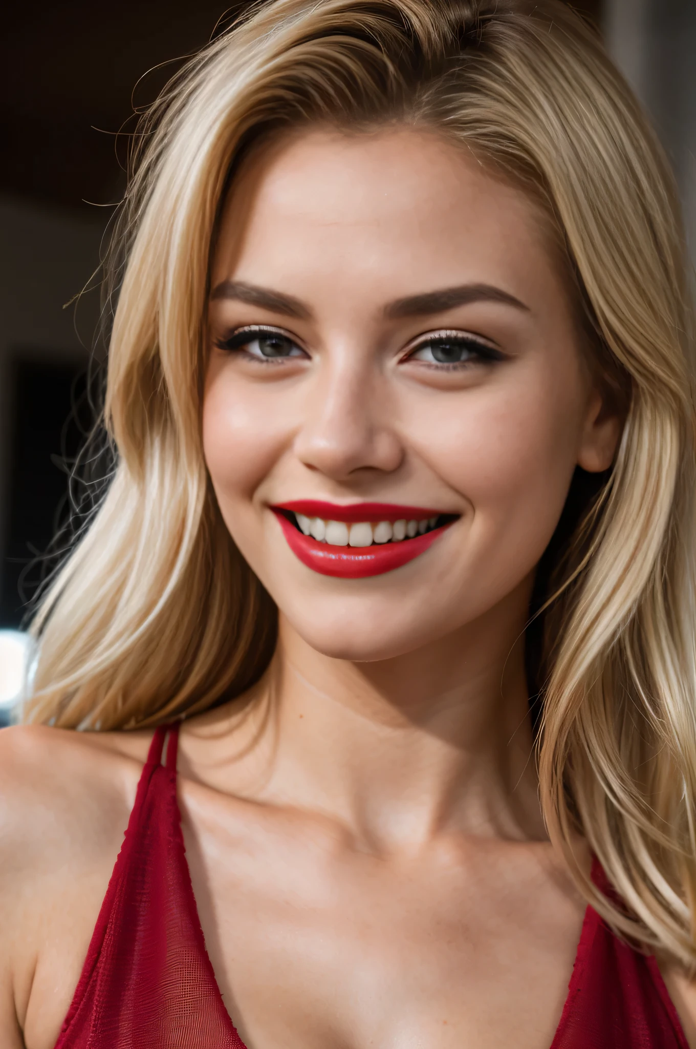 ((fotografia de retrato)),(melhor qualidade, alta qualidade, sharp focus:1.4), Mulher bonita europeia, (cabelo loiro:1.1), rosto de modo, inventar, (batom vermelho:1.1), olhe para o espectador, camisa, melhor qualidade, Realista , obra de arte, tema escuro, (((grande sorriso)))