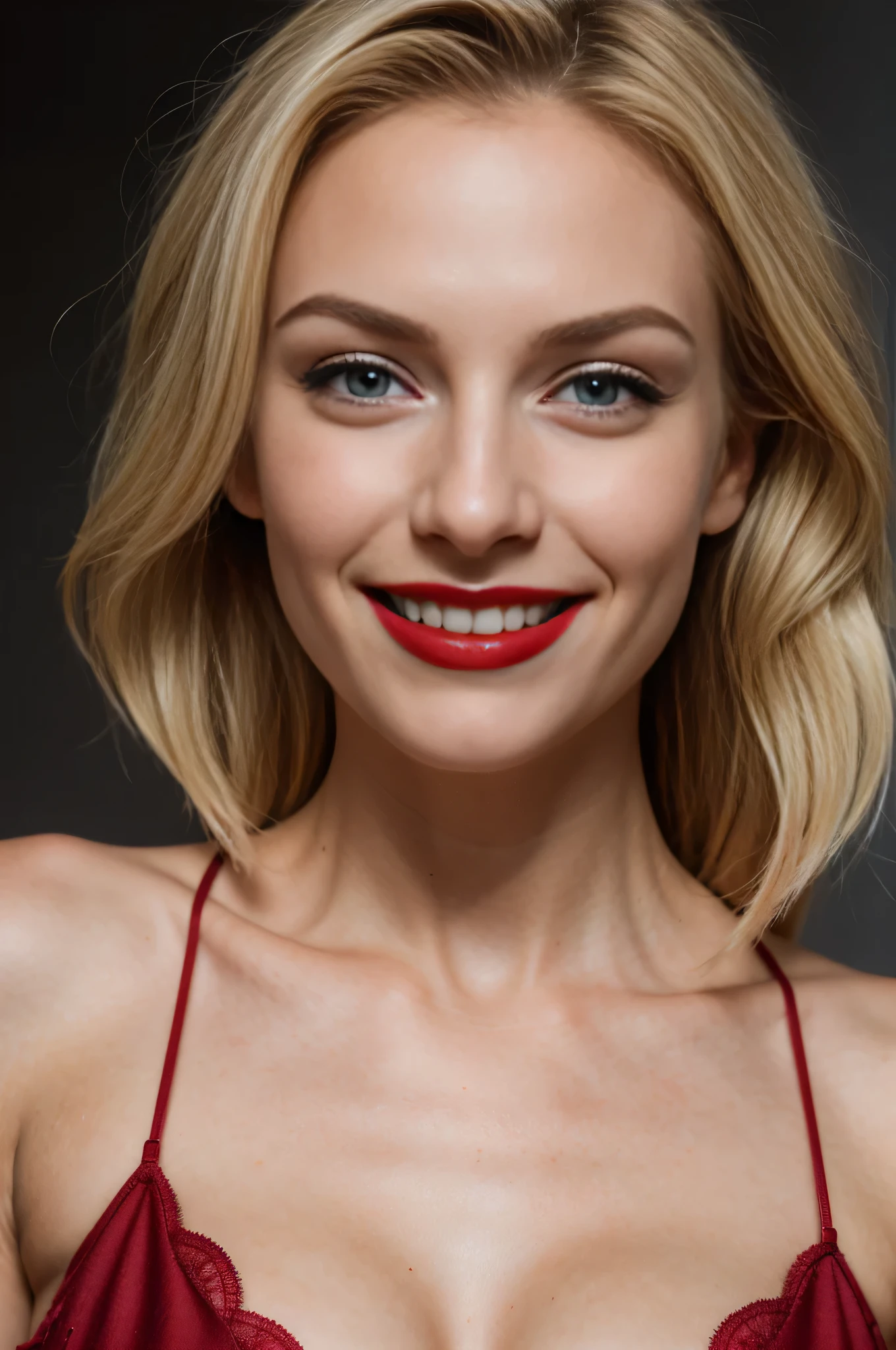 ((fotografia de retrato)),(melhor qualidade, alta qualidade, sharp focus:1.4), Mulher bonita europeia, (cabelo loiro:1.1), rosto de modo, inventar, (batom vermelho:1.1), olhe para o espectador, camisa, melhor qualidade, Realista , obra de arte, tema escuro, (((grande sorriso)))