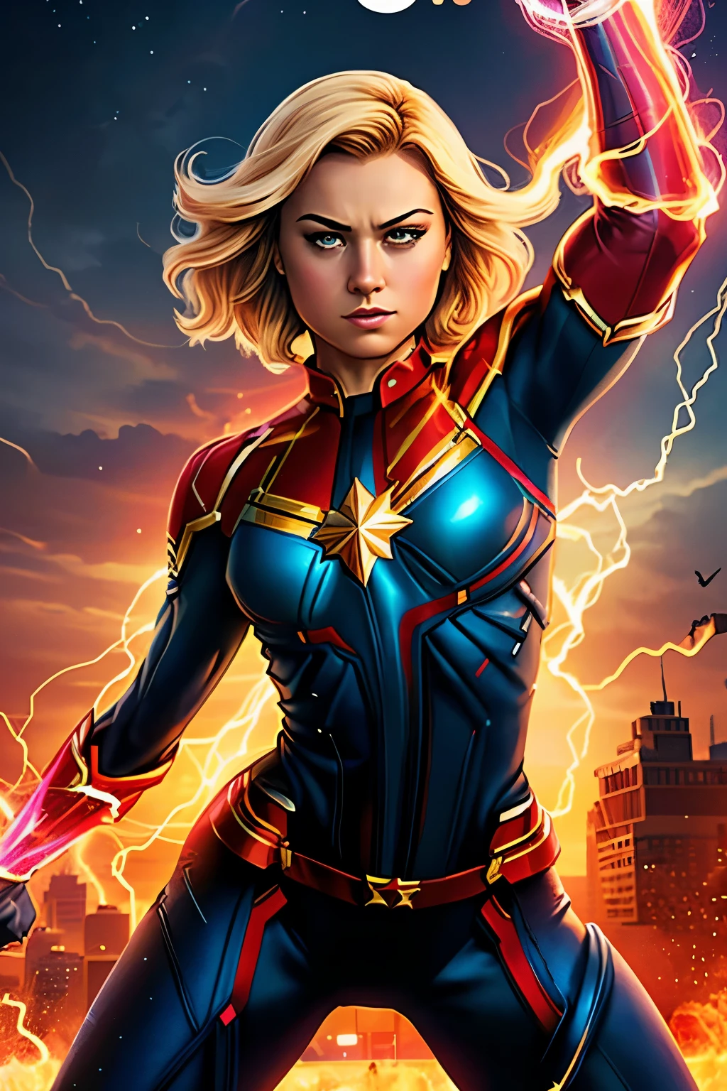 In the dynamic and energetic style of Pegi Nicol MacLeod, a captivating 2019 poster featuring Captain Marvel emerges, accompanied by cinematic sets immersed in the fiberpunk aesthetic. The outlandish energy of the superheroine radiates from every fiber, with intricate details that bring the fiberpunk elements to life. The vibrant colors of her costume contrast beautifully with the darker, textured background, creating a sense of depth and intensity. The posing Captain Marvel displays a determined and confident look, exuding strength and power. Her facial features are detailed and expressive, making her come alive on the poster. With her fists clenched, the rippling muscles