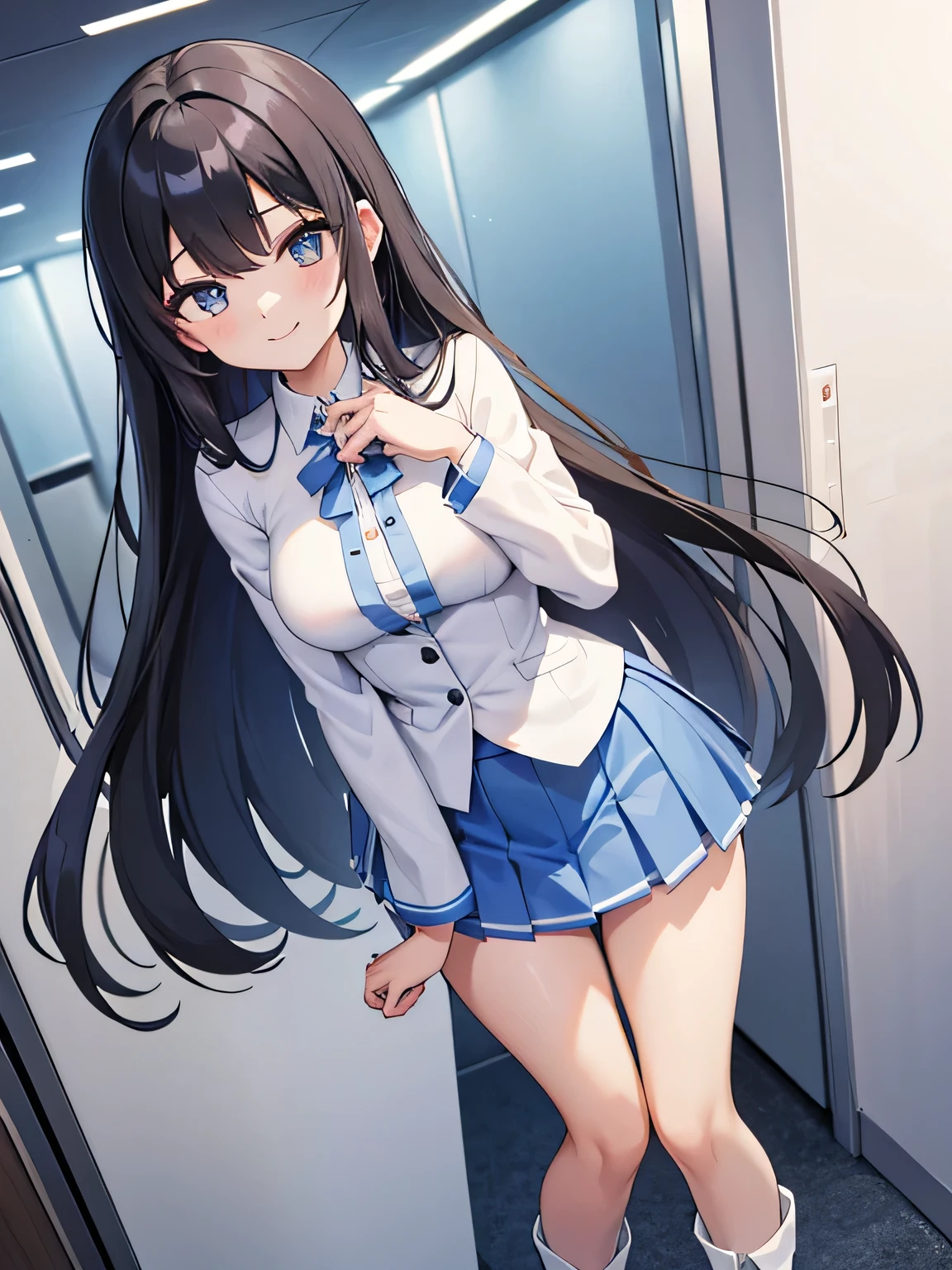 (1) A woman stands in a booth surrounded by pure white partitions on both ends.。. The background is all white cloth. Can this situation be created?? Can't you understand this sentence??
(2) because she is an idol、She is wearing a gorgeous blue outfit with a miniskirt.。. On my feet are long boots.
(3) she is standing with a big smile on her face.
(4) she has long black hair.
(5) She puts her hand out and waits for a handshake..