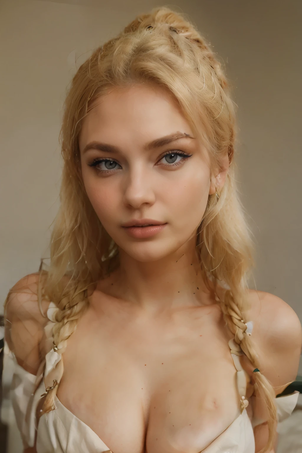 blonde Girl, Beautiful, Baby symmetric Face, ,,enormous Breasts ,((neglected )),,((very nsfw))((lace negilgé)) touching each other o long blonde curly and wavy golden Hair tied in a ponytail, adorable masterpiece ((yellow honey colored eyes)) , very thick hourglass figure body, closeup view , soft dark ambient lights,both looking at viewer.
