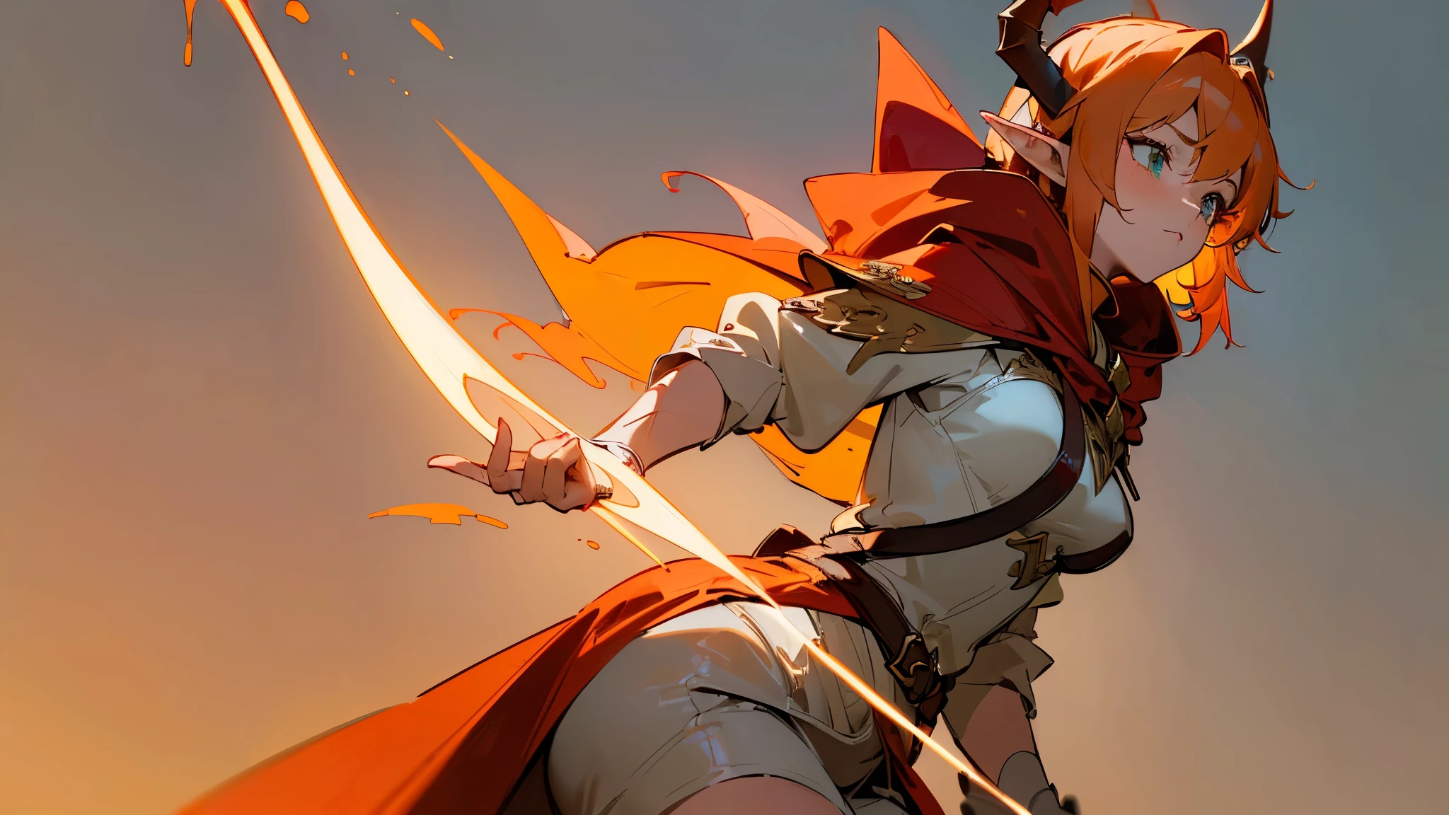 (((Masterpiece))) (((Best Quality))) ((A one tall proud adult elf woman)) with medium breasts ((has crimson and light yellow fantasy adventurer's outfit)), ((she has a crimson hood on with pair of gray horns attached to hood.)) Medium orange hair. (Anime style)