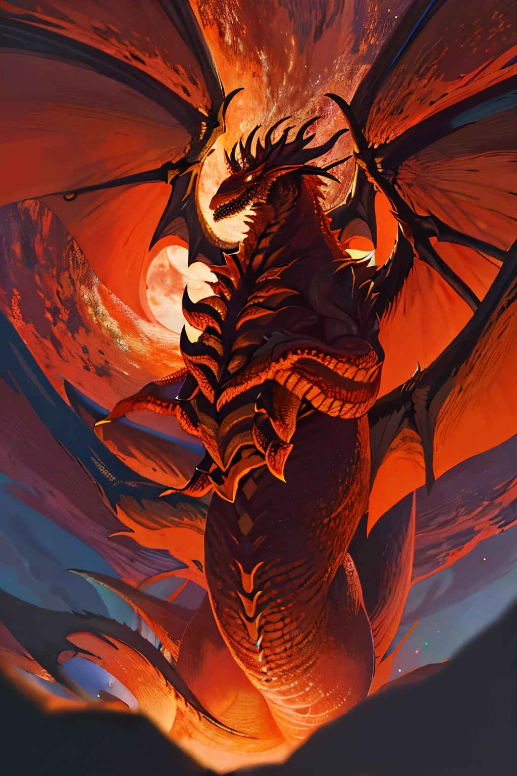 Then another spectacle unfolded in the heavens: A colossal, fiery red dragon with the awe-inspiring countenance of seven heads and ten formidable horns adorned with seven regal crowns atop each head. The ethereal sight, taken from an ultra high definition, leaflet-like perspective, brought an air of reverence and unease, as the dragon spread its massive wings, casting long, ominous shadows upon the world below. The sun setting behind it, highlighted its intricately scaled body, each detail visible in extremely high resolution, making this illustration an unquestionable masterpiece. The dragon's fiery eyes, burning with a