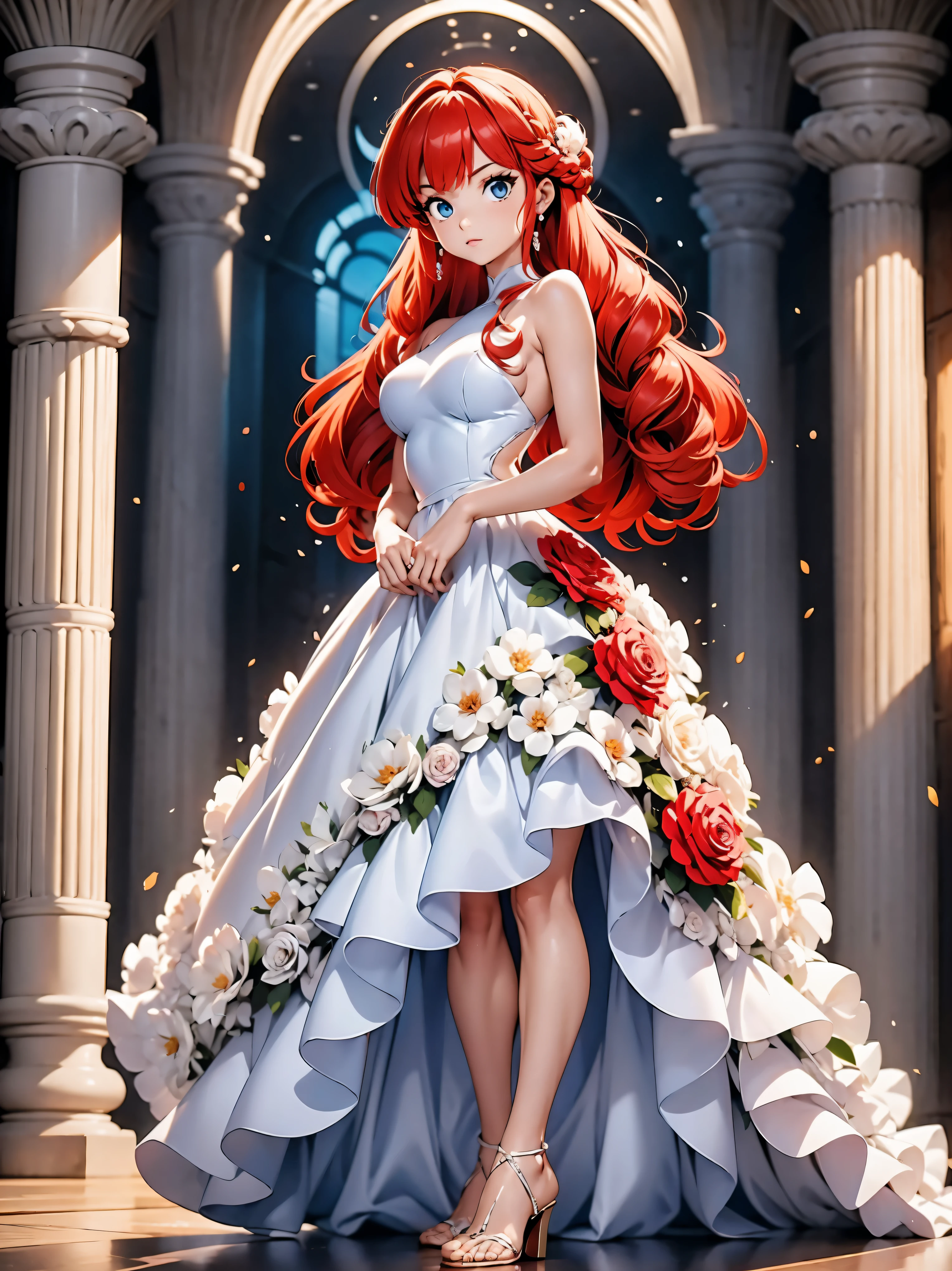 Garota anime ruiva com vestido longo branco com desenho de rosas casamento, saia, 16 anos, corpo bonito, seios grandes, with hands behind head, running your hands through your hair, Garota sexy, red hair with braid , beautiful lighting, sombras suaves, olhos azuis, pernas bonitas, hair with braid, estilo anime, Ranma Chan, Autora Rumiko Takahashi, Baseado em obra de Rumiko Takahashi, Anime Ranma 1/ 2, decote sexy, quadril robusto, corpo inteiro, corpo inteiro, busto grande, garota jovem com corpo belo e bonito, sandals on his feet, garota 16 anos jovem baixa estatura, usando vestido longo branco com desenhos de rosas, estampa florida, vestido com arte florida de rosas, garota anime, estilo anime, beautiful feet in sandals, 45° viewing angle, ao ar livre, vestido com estampa florida rosas, vestido estampado flor rosa