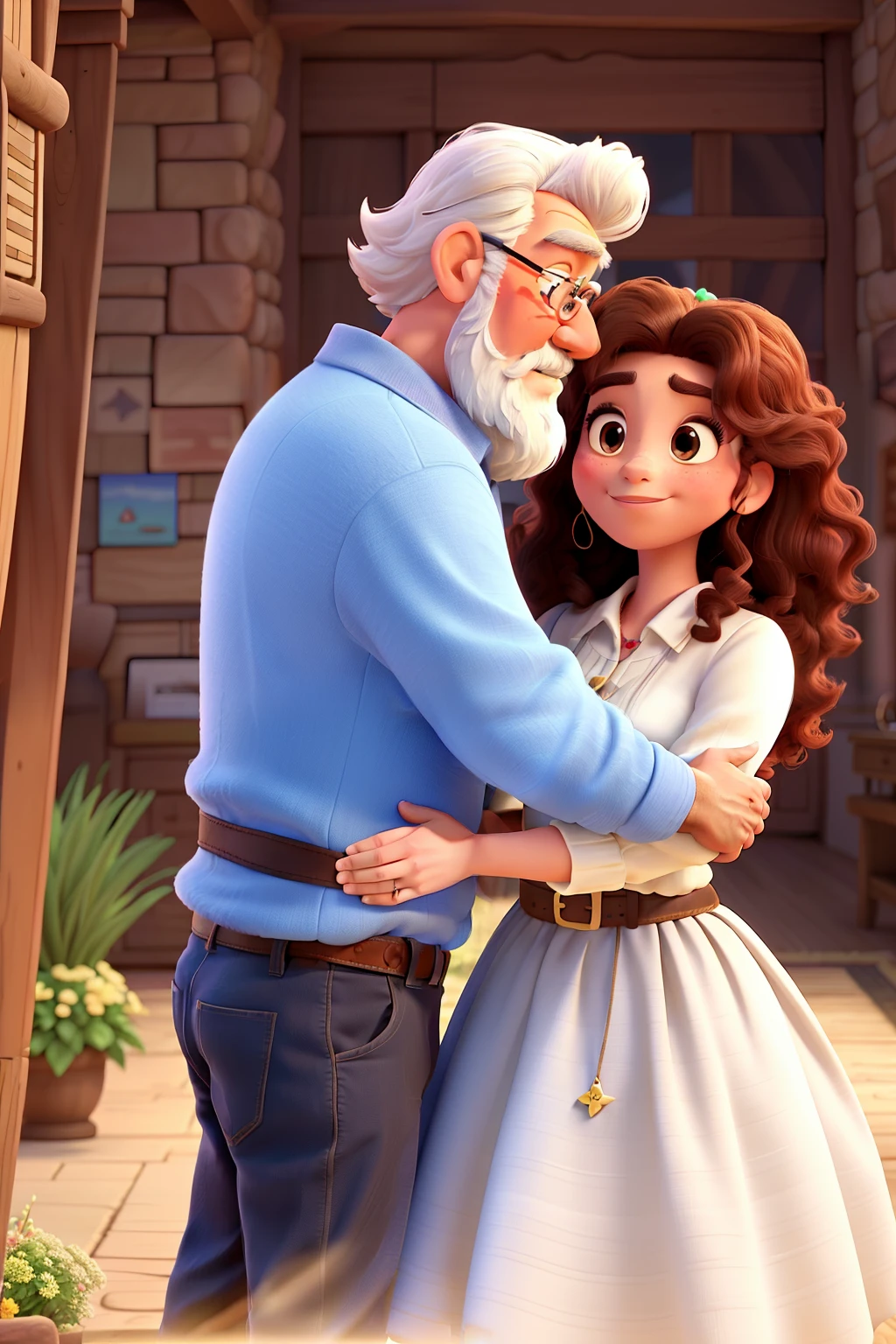 (Disney Pixar style) In an heartwarming scene, a tall, slender 40-year-old man with a neat beard embraces his companion, a 22-year-old white woman with a vibrant, radiant Red Power afro. Their embracing bodies convey a deep connection and love between them. The woman's afro, a symbol of her pride and empowerment, stands out against the man's calm demeanor, creating a visually striking and enchanting couple.

--s2

(Disney Pixar style) A masterpiece image unfolds as an elderly man with a long, thick white beard and wild, wavy brown