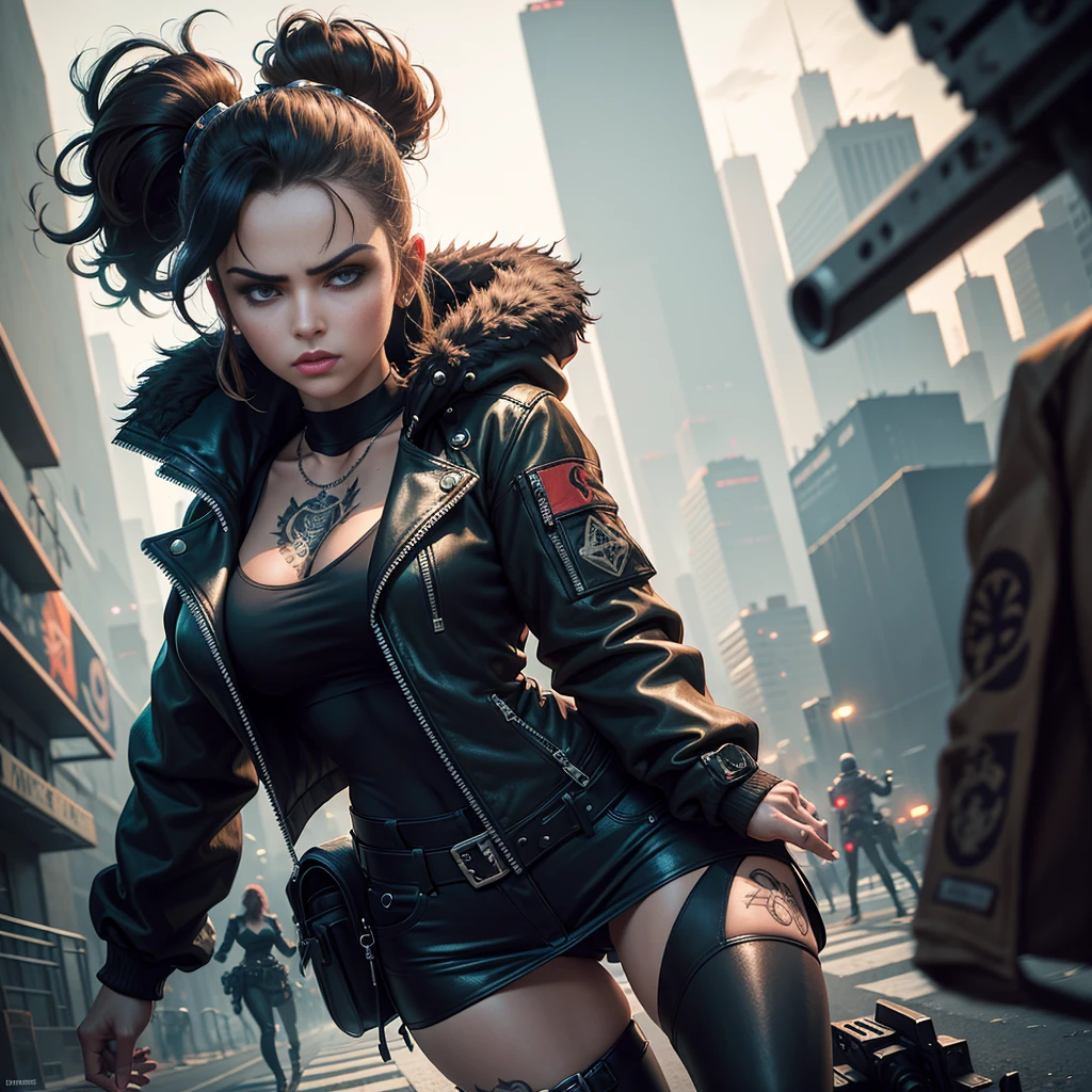 In the gritty underworld of GTA Style, a heroine dons an accessorized outfit, ready to take on dangerous weapons and face the challenges of the city street. Her wind coat flaps in the wind as she runs, the shadows and highlights of the avant-garde cityscape creating a high contrast backdrop. Tension and suspense loom large as she navigates the crime-ridden streets, her retro artstyle evoking a sense of nostalgia amidst the chaos. Every detail, from the sharp eyeliner and eye shadows to the intricate tattoos, is rendered in ultra-detailed, best quality 8k wallpapers, a testament to the tmasterpiece that is