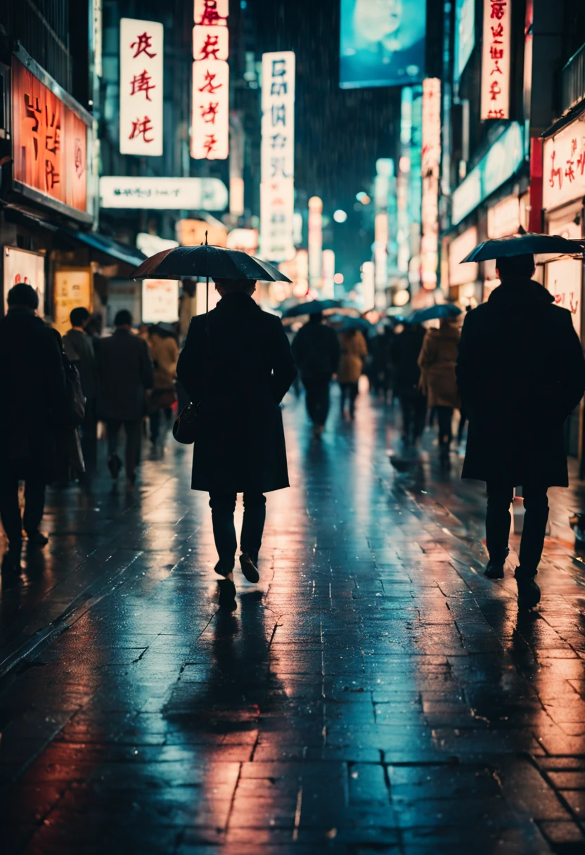 cinematic film still {A film shot of a bustling Tokyo street at night, neon signs glowing vibrantly, crowds of people captured in a freeze-frame of urban life, reflections on wet pavement, realistic atmosphere, shot with a Canon EOS R3, Focal length 35mm} . shallow depth of field, vignette, highly detailed, high budget, bokeh, cinemascope, moody, epic, gorgeous, film grain, grainy
