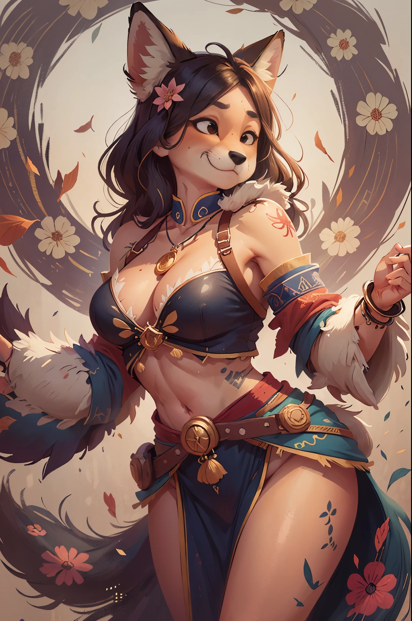 top quality, ancient Chinese beauty(highly detailed beautiful face and eyes)absurdres, perfect anatomy((beast woman, solo focus)) (((furry))) (furry anthro:1.7) ((((Furry body, fox facial features, fox body features)))) ((fox's muzzle, very detailed body fur))full body, dancing pose, gorgeous dress embroidered with intricate embroidery, transparent colorful ribbons tied around her arms, bare shoulders, open neck, wreath, black bun with flower hairpins Belts, armbands with streamers, necklaces, bracelets, anklets, metal chain tassels around the waist, Mogao Grottoes art, inspiration from Dunhuang Flying Apsaras murals, ink wash,