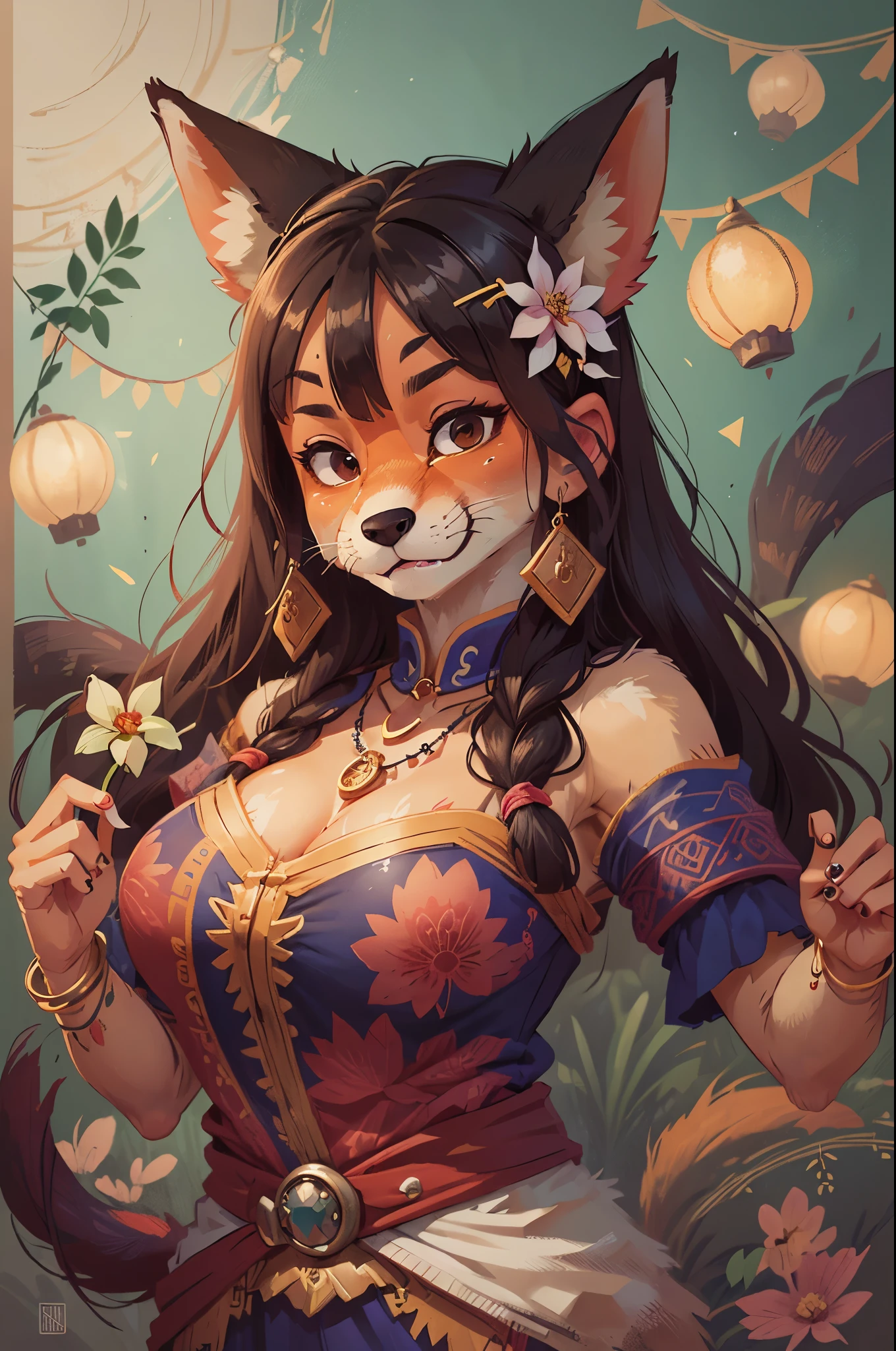 top quality, ancient Chinese beauty(highly detailed beautiful face and eyes)absurdres, perfect anatomy((beast woman, solo focus)) (((furry))) (furry anthro:1.7) ((((Furry body, fox facial features, fox body features)))) ((fox's muzzle, very detailed body fur))full body, dancing pose, gorgeous dress embroidered with intricate embroidery, transparent colorful ribbons tied around her arms, bare shoulders, open neck, wreath, black bun with flower hairpins Belts, armbands with streamers, necklaces, bracelets, anklets, metal chain tassels around the waist, Mogao Grottoes art, inspiration from Dunhuang Flying Apsaras murals, ink wash,
