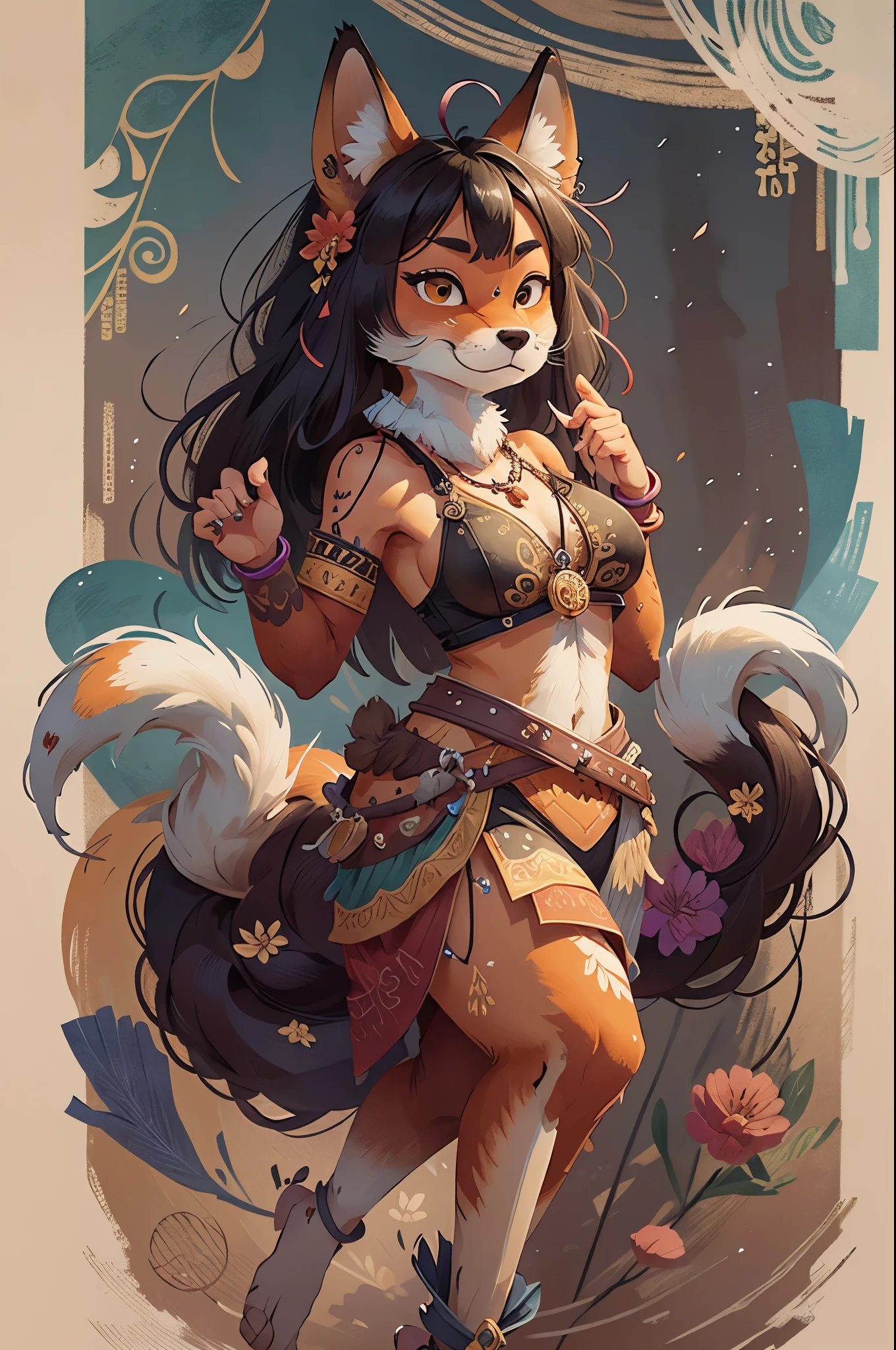 top quality, ancient Chinese beauty(highly detailed beautiful face and eyes)absurdres, perfect anatomy((beast woman, solo focus)) (((furry))) (furry anthro:1.7) ((((Furry body, fox facial features, fox body features)))) ((fox's muzzle, very detailed body fur))full body, dancing pose, gorgeous dress embroidered with intricate embroidery, transparent colorful ribbons tied around her arms, bare shoulders, open neck, wreath, black bun with flower hairpins Belts, armbands with streamers, necklaces, bracelets, anklets, metal chain tassels around the waist, Mogao Grottoes art, inspiration from Dunhuang Flying Apsaras murals, ink wash,