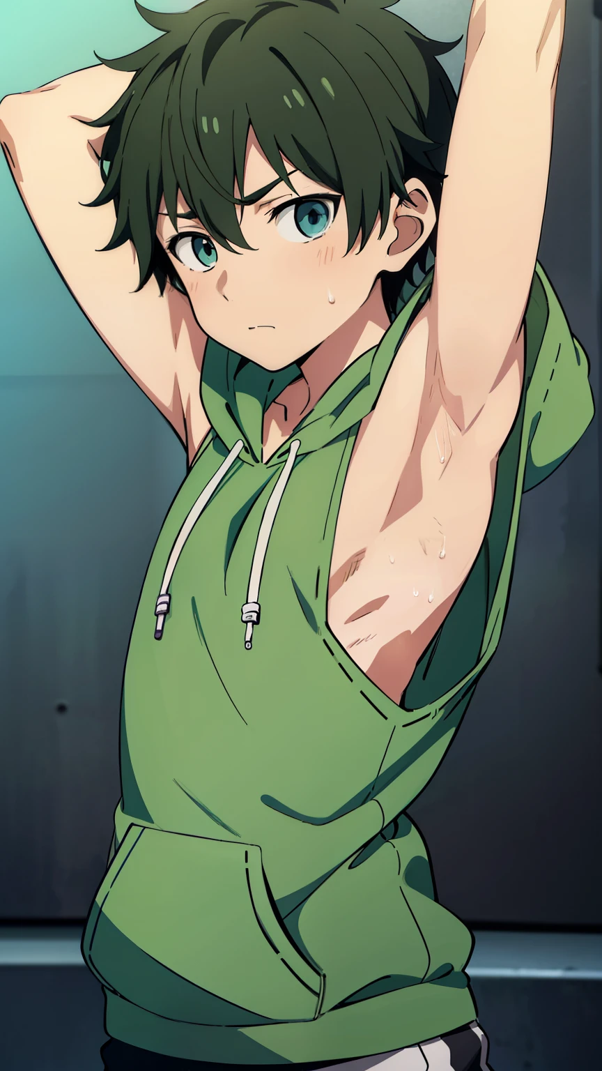 Highres, Masterpiece, Best quality at best,Best Quality,hight quality, hight detailed, Anime style, 1boy, Solo, Messy hair, Shota, Green hoodie with cyan stripes, Wearing headset, Sleeveless hoodie, (very small and short stature), (very young boy), (very small and short body), 12-year-old boys, (Showing armpit:1.4), Simple beckground, Sweat