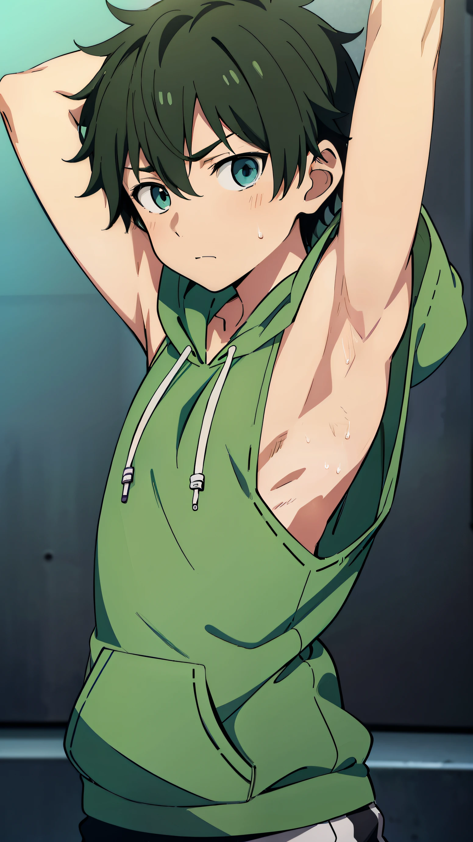 Highres, Masterpiece, Best quality at best,Best Quality,hight quality, hight detailed, 1boy, Messy hair, Shota, Green hoodie with cyan stripes, Wearing headset, Sleeveless hoodie, (very small and short stature), (very young boy), (very small and short body), 12-year-old boys, (Showing armpit:1.4), Simple beckground, Sweat
