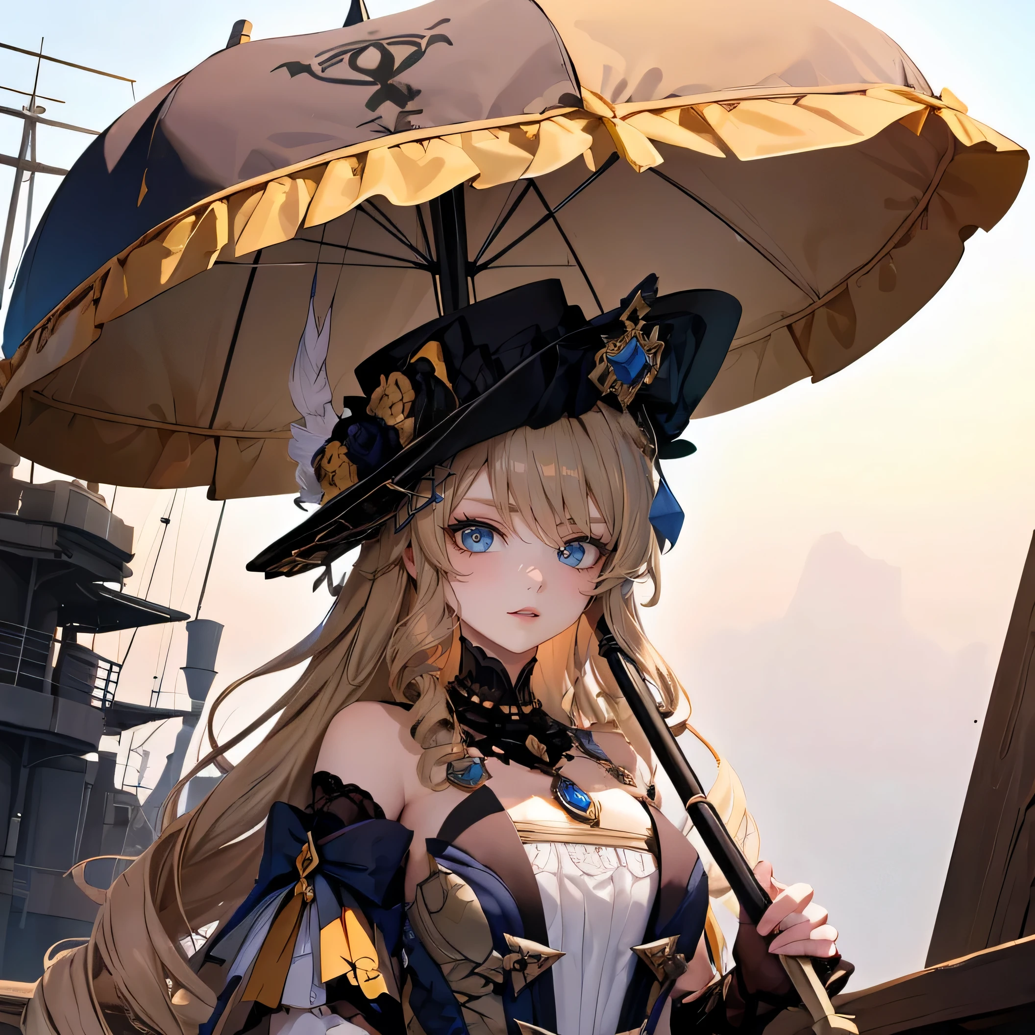 on the ship, there is a girl, holding an umbrella. The girl has beautifully detailed eyes and a kind smile on her face... The ship is made in steampunk style with a beige background.. The work must be of the best quality., be a masterpiece, and have high resolution details.