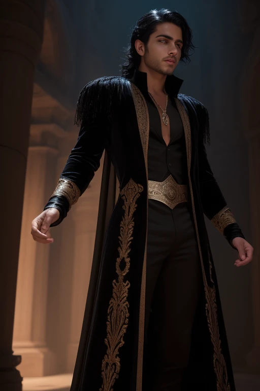 A stunningly handsome young man in his early twenties, of Arabic origins, boasts short, jet-black hair and deep, captivating black eyes. Dressed in a fantasy attire, his intricately detailed outfit showcases an allure of enchantment and mystery. His loose, flowing robes shimmer under the cinematic lighting, creating an otherworldly atmosphere. The volumetric lighting enhances the depth and texture of his clothing, adding an element of etherealness. This masterpiece, crafted using Octane Render in an 8k resolution, is sure to leave audiences in awe with its rich colors and hyper-realistic texture. (Realistic, Fantasy:
