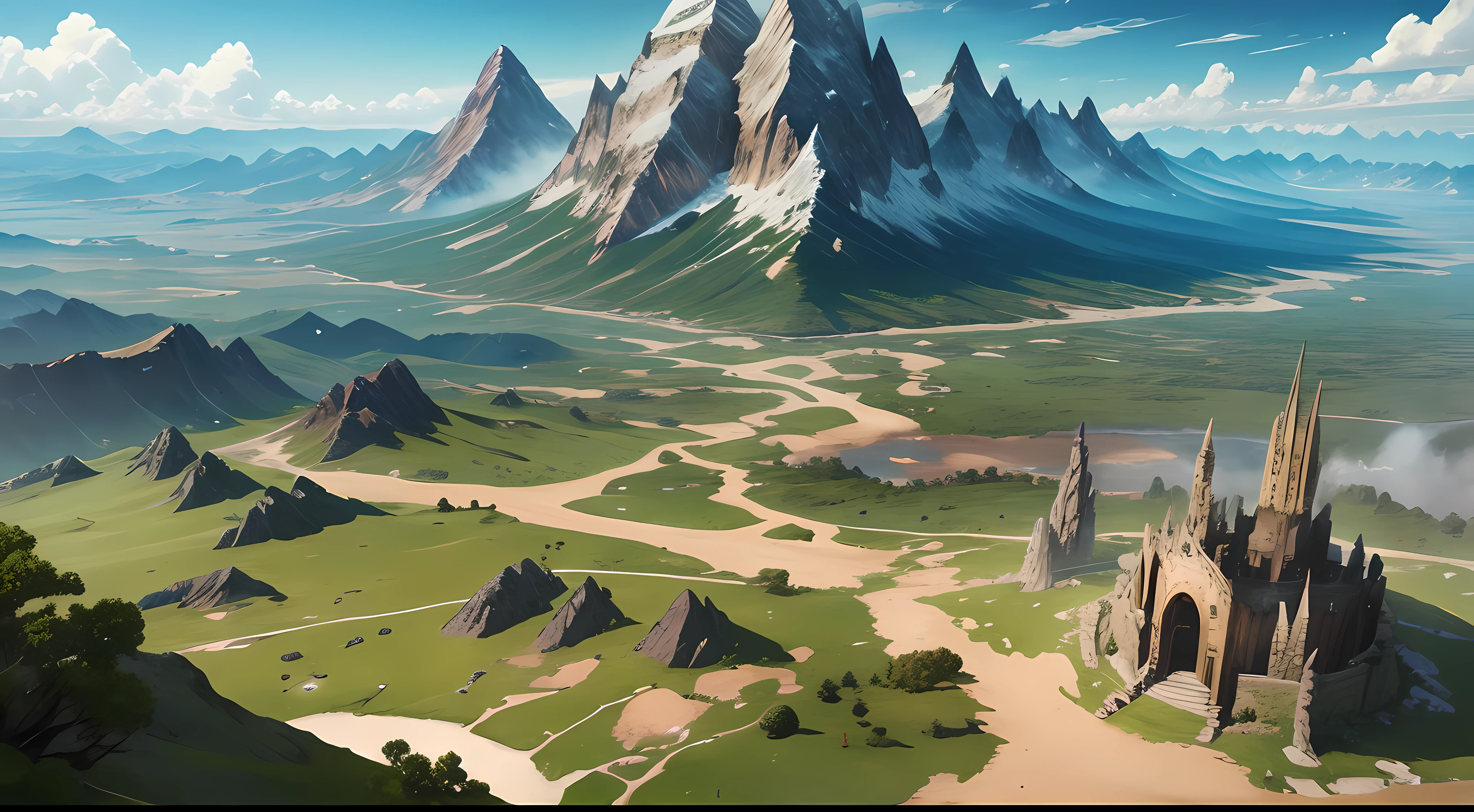 RPG map. Many continents with different biomes. Mountains and plains