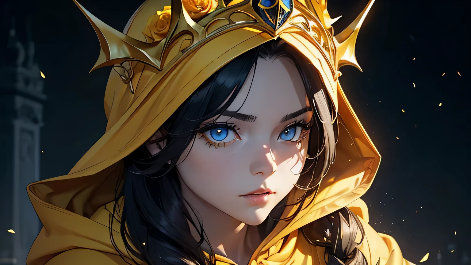 4K, A high resolution, Best quality at best, masterpiece, perfect colors, perfect shadow, perfect litthing, ((sportrait)), 1woman, fit-muscled body, bright yellow eyes,dark blue hair , blue eyes, With round lenses, The audience watched carefully, (s face: 1.2), Perfect female figure, ((standing)), ((beautiful queen in yellow dress suite, tight crop top, wraping in luxurious yellow hooded robes, yellow roses and skull adorn her cloth, (yellow tiara, yellow roses, gold skull ornamental, yellow dark))), ((shy and looking at viewert)), (Perfect thick white eyebrows) Delicate fur, 详细s face, s the perfect face, At a fantasy dark city , (model pose standing), energetic background, perfect dark city skyscape, lighting atmosphere, ((Bonifasko lighting)), (The round lenses on his eyes)(detailed eyes), Perfect student, ((face close up)), half breast open