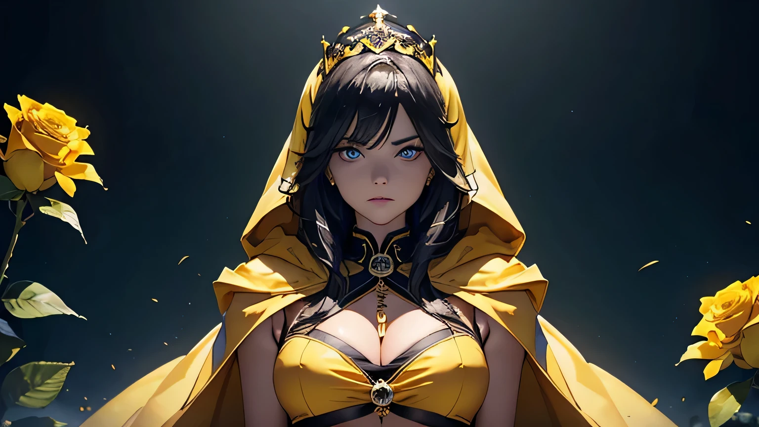 4K, A high resolution, Best quality at best, masterpiece, perfect colors, perfect shadow, perfect litthing, ((sportrait)), 1woman, fit-muscled body, bright yellow eyes，dark blue hair , blue eyes, With round lenses, The audience watched carefully, (s face: 1.2), Perfect female figure, ((standing)), ((beautiful queen in yellow dress suite, tight crop top, wraping in luxurious yellow hooded robes, yellow roses and skull adorn her cloth, (yellow tiara, yellow roses, gold skull ornamental, yellow dark))), ((shy and looking at viewert)), (Perfect thick white eyebrows) Delicate fur, 详细s face, s the perfect face, At a fantasy dark city , (model pose standing), energetic background, perfect dark city skyscape, lighting atmosphere, ((Bonifasko lighting)), (The round lenses on his eyes)(detailed eyes), Perfect student, ((face close up)), half breast open