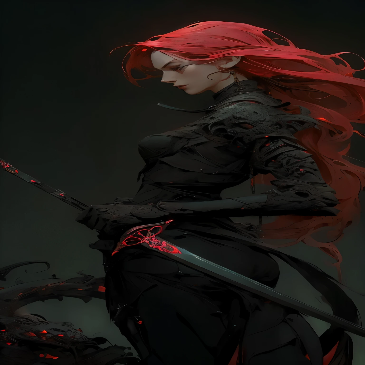 um close up de uma mulher com uma espada, arte de estilo fantasia sombria, design de personagens de fantasia sombria, in style of Arte de Fantasia Negra, arte conceitual de fantasia sombria, Vencedor do concurso Artstation, Arte de Fantasia Negra, epic and exquisite character art, arte de personagem impressionante, arte conceitual sombria, Arte de Fantasia Negrawork, Peter Mohrbacher. Motor irreal, Dark Fantasy Illustration