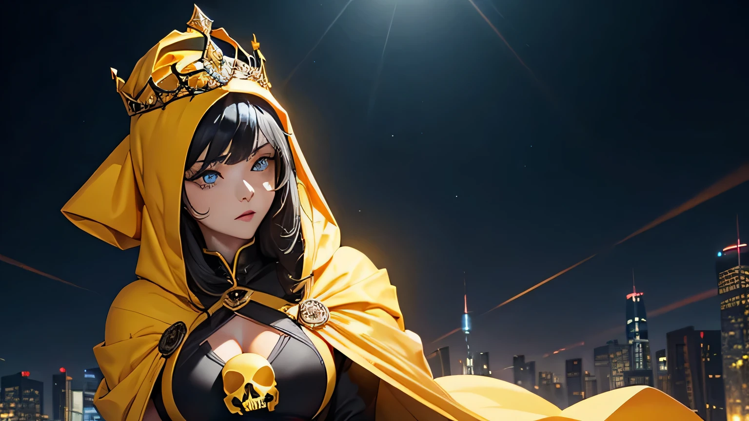 4K, A high resolution, Best quality at best, masterpiece, perfect colors, perfect shadow, perfect litthing, ((sportrait)), 1woman, fit-muscled body, bright yellow eyes,dark blue hair , blue eyes, With round lenses, The audience watched carefully, (s face: 1.2), Perfect female figure, ((standing)), ((beautiful queen in yellow dress suite, tight crop top, wraping in luxurious yellow hooded robes, yellow roses and skull adorn her cloth, (yellow tiara, yellow roses, gold skull ornamental, yellow dark))), ((shy and looking at viewert)), (Perfect thick white eyebrows) Delicate fur, 详细s face, s the perfect face, At a fantasy dark city , (model pose standing), energetic background, perfect dark city skyscape, lighting atmosphere, ((Bonifasko lighting)), (The round lenses on his eyes)(detailed eyes), Perfect student, ((face close up)), half breast open