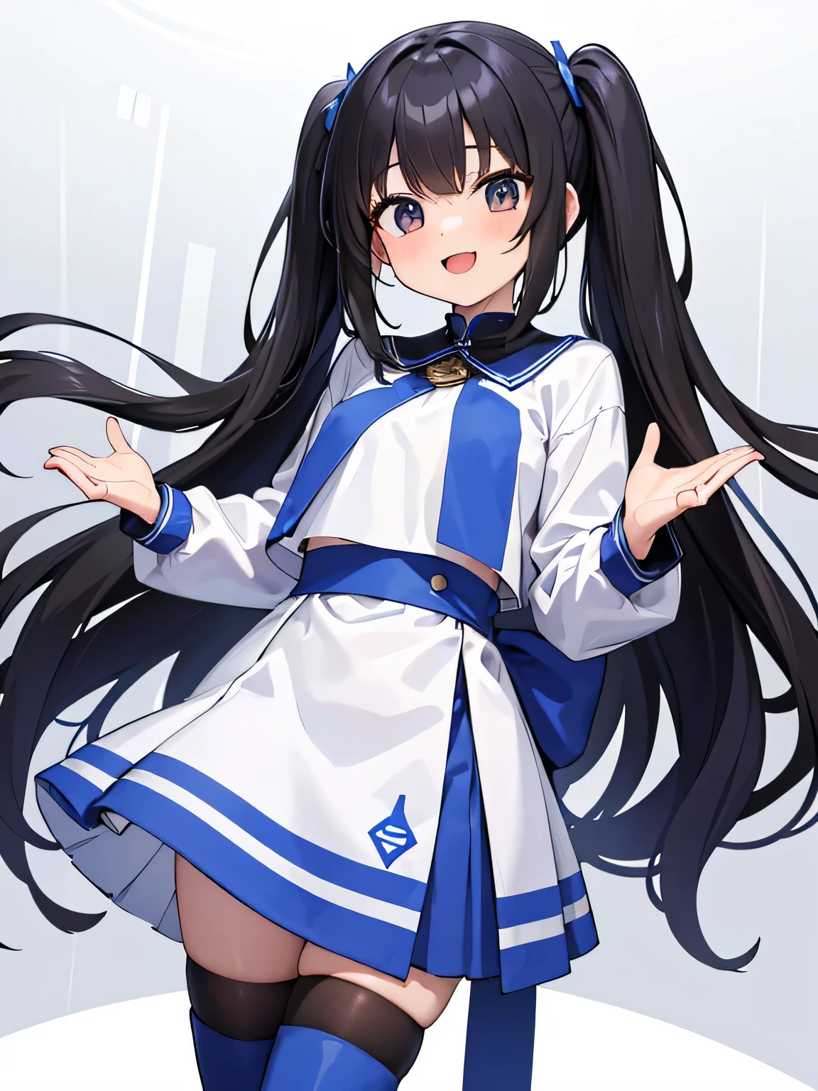 (1) A woman stands in a booth surrounded by pure white partitions on both ends.。. The background is all white cloth. Can this situation be created?? Can&#39;t you understand this sentence?? It&#39;s not a stage! I say it&#39;s a booth.!
(2) because she is an idol、She is wearing a gorgeous blue outfit with a miniskirt.。. On my feet are long boots.
(3) she is standing with a big smile on her face.
(4) she has long black hair.
(5) She puts her hand out and waits for a handshake..