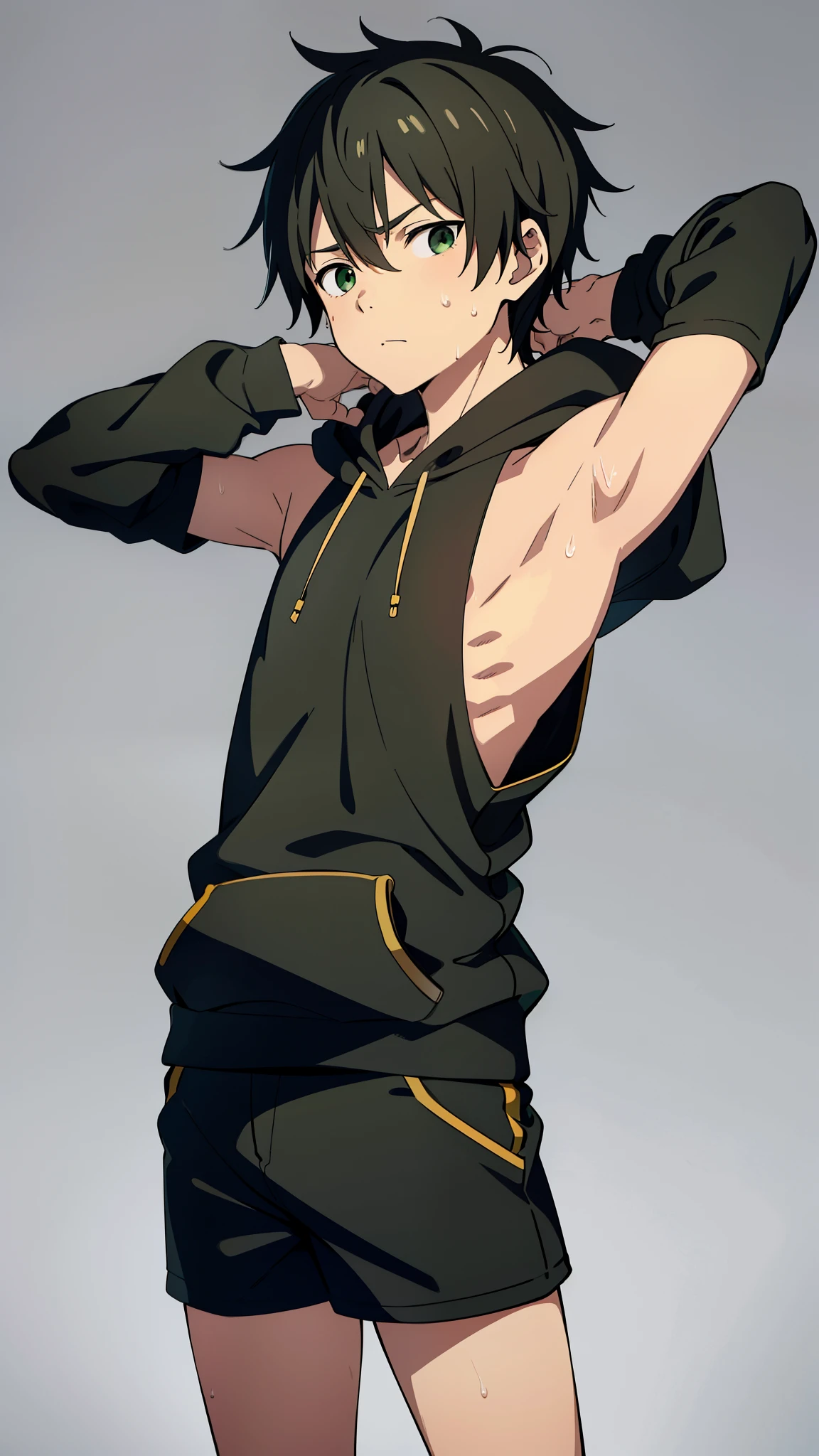 Highres, Masterpiece, Best quality at best,Best Quality,hight quality, hight detailed, Anime style, 1boy, Solo, Messy hair, Shota, Black green hoodie, Wearing headset, Sleeveless hoodie, (very small and short stature), (very young boy), (very small and short body), 12-year-old boys, (Showing armpit:1.4), Simple beckground, Sweat