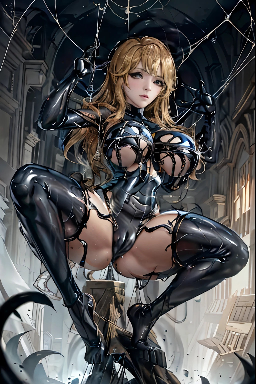 Obra-prima, 8k, realista,  good ilumination, terno preto do homem aranha venom com aranha branca no peito, loira))), cabelo comprido, sem corte, rosto bonito, chuva, telhado, obra-prima, detalhes trincados, anatomia perfeita, (((Swinging in the web)))(camel-toe， Vulvar shape：1.2）,Full body tights 