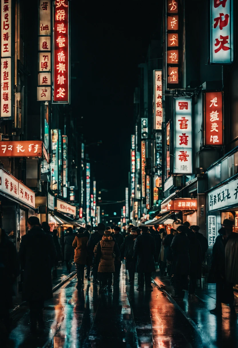 cinematic film still {A film shot of a bustling Tokyo street at night, neon signs glowing vibrantly, crowds of people captured in a freeze-frame of urban life, reflections on wet pavement, realistic atmosphere, shot with a Canon EOS R3, Focal length 35mm} . shallow depth of field, vignette, highly detailed, high budget, bokeh, cinemascope, moody, epic, gorgeous, film grain, grainy