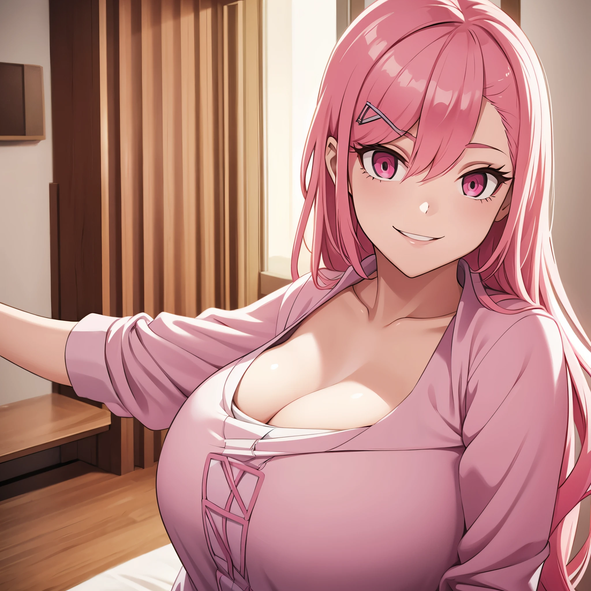 a girl in a modern house, pink hair, pink eyes, smiling, big breasts