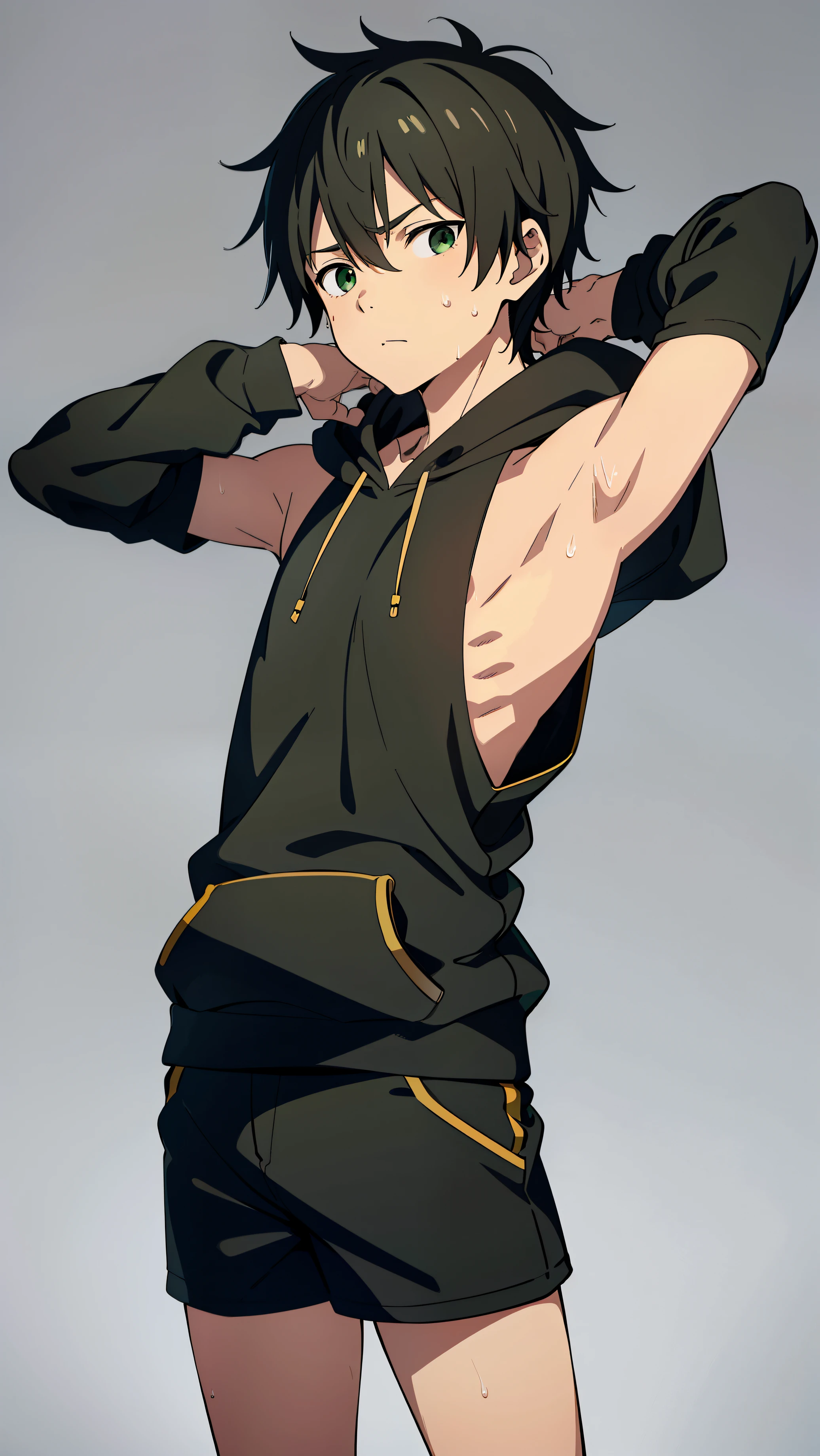 Highres, Masterpiece, Best quality at best,Best Quality,hight quality, hight detailed, Anime style, 1boy, Solo, Messy hair, Shota, Black green hoodie, Wearing headset, Sleeveless hoodie, (very small and short stature), (very young boy), (very small and short body), -yeld bo (Showing armpit:1.4), Simple beckground, Sweat