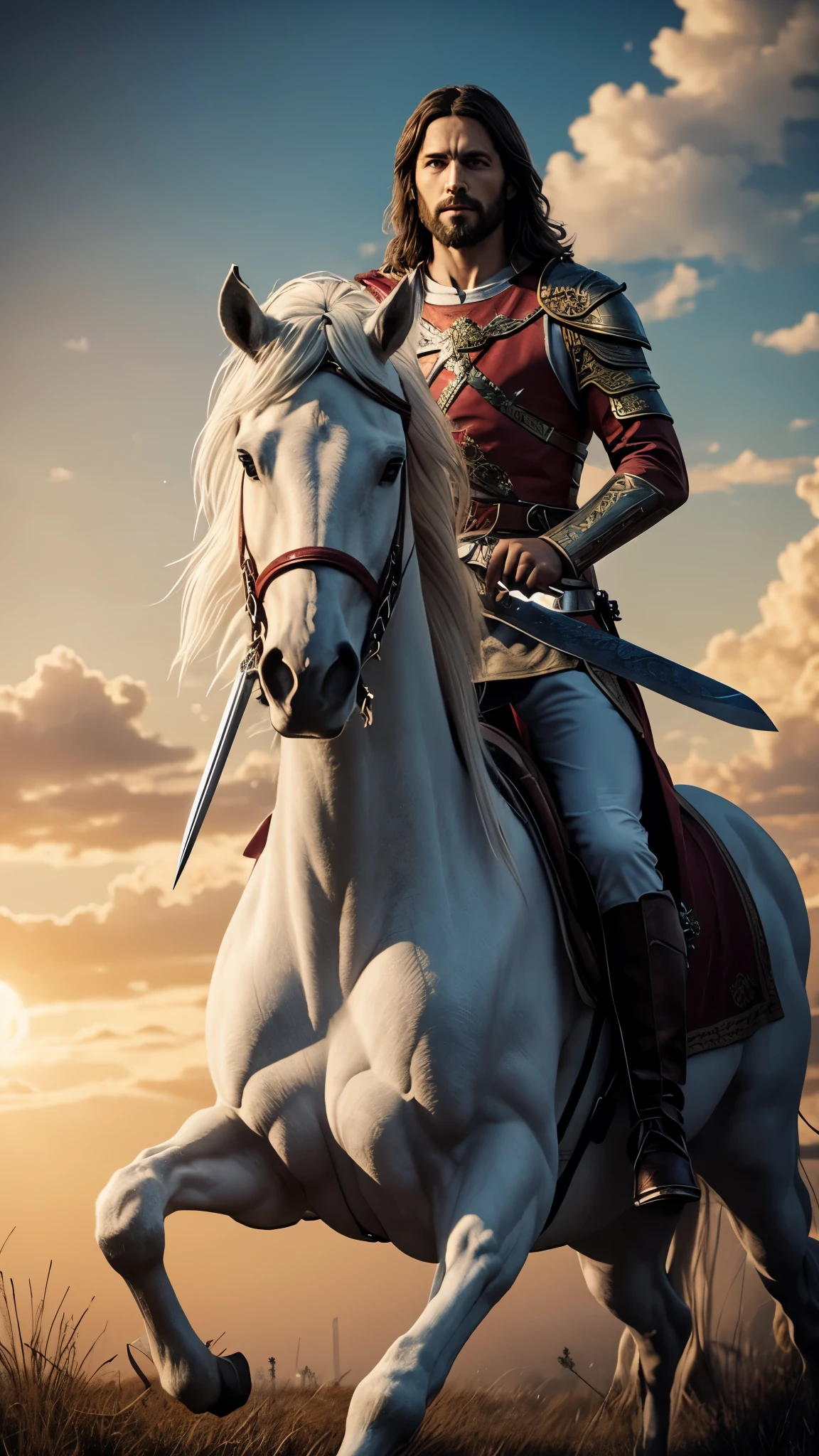 Jesus Christ holding a bloodied sword with glaring, burning red eyes, flying through the clouds on a pure white unicorn. Majestic, Masterpiece, Bible, Biblical, 8K, 3D Render, Second Coming of Jesus Christ, End Times.