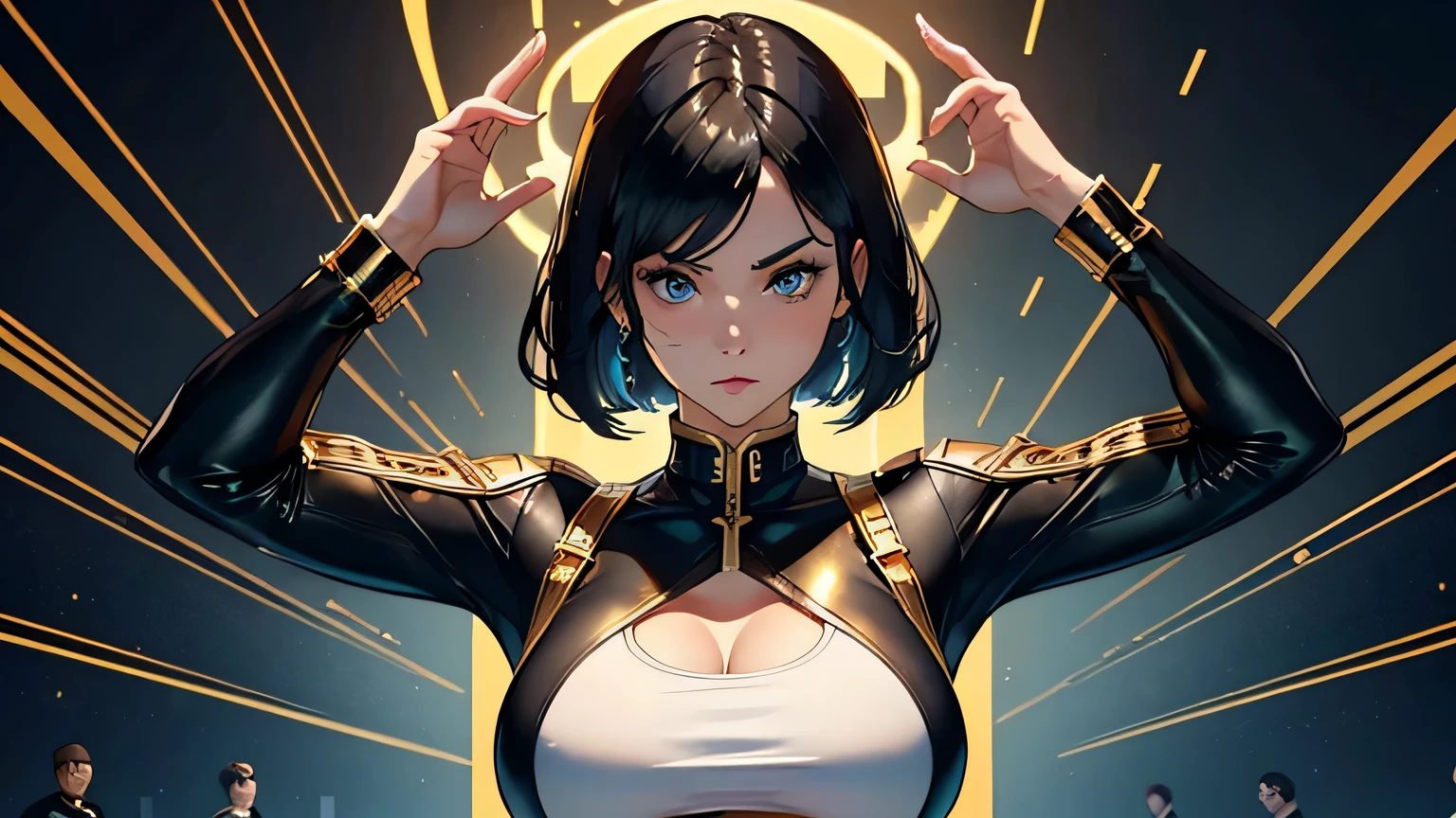 4K, A high resolution, Best quality at best, masterpiece, perfect colors, perfect shadow, perfect litthing, ((sportrait)), 1woman, fit body, heterochromia eyes,dark blue hair , blue eyes, With round lenses, The audience watched carefully, (s face: 1.2), Perfect female figure, ((dynamic pose)), ((gold and black Tight crop top gold and black leather suit)), ((shy and looking at viewert)), (Perfect thick white eyebrows) Delicate fur, 详细s face, s the perfect face, , (dynamic pose), big breast, open half breast