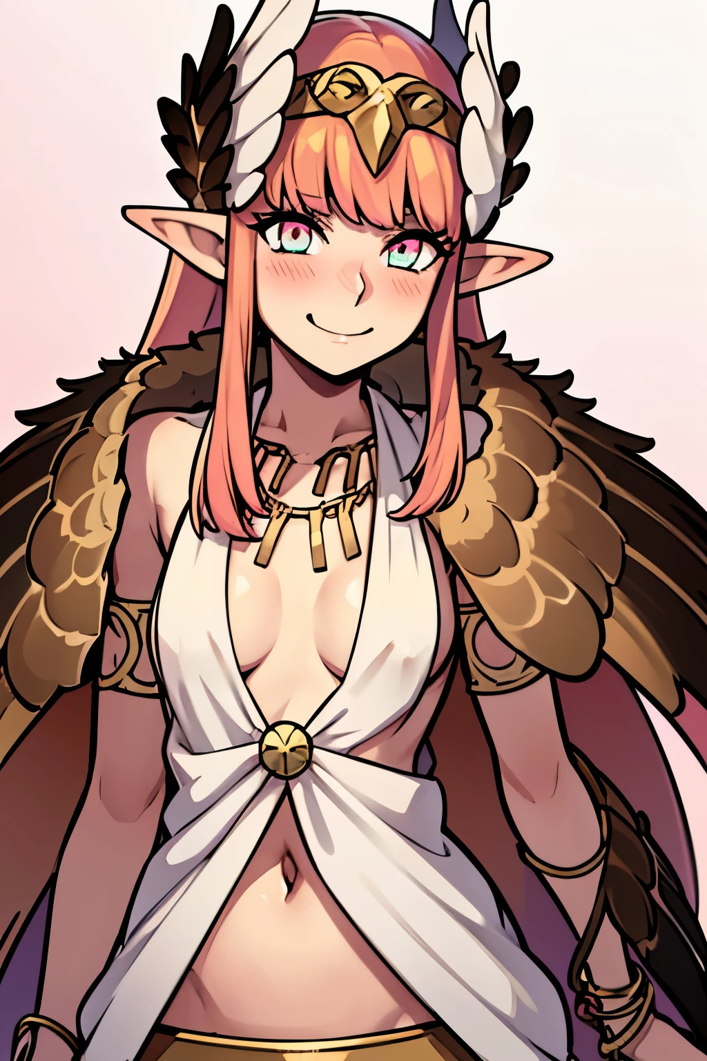 CIRCE_FGO POINTY_EARS, PINK_HAIR, HEAD_WINGS, WINGS, BANGS, FEATHERED_WINGS, LONG_HAIR, SMALL BREASTS, SMALL WOMAN,JEWELRY, SMILE, BREASTS, NECKLACE, BLUSH, SMALL_BREASTS, MULTICOLORED_EYES
